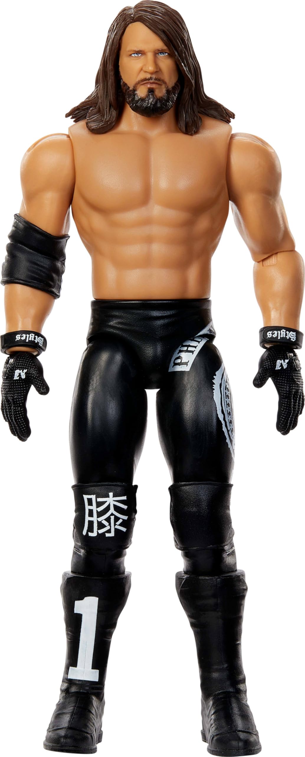 Mattel WWE AJ Styles action figure front view with authentic ring gear for display