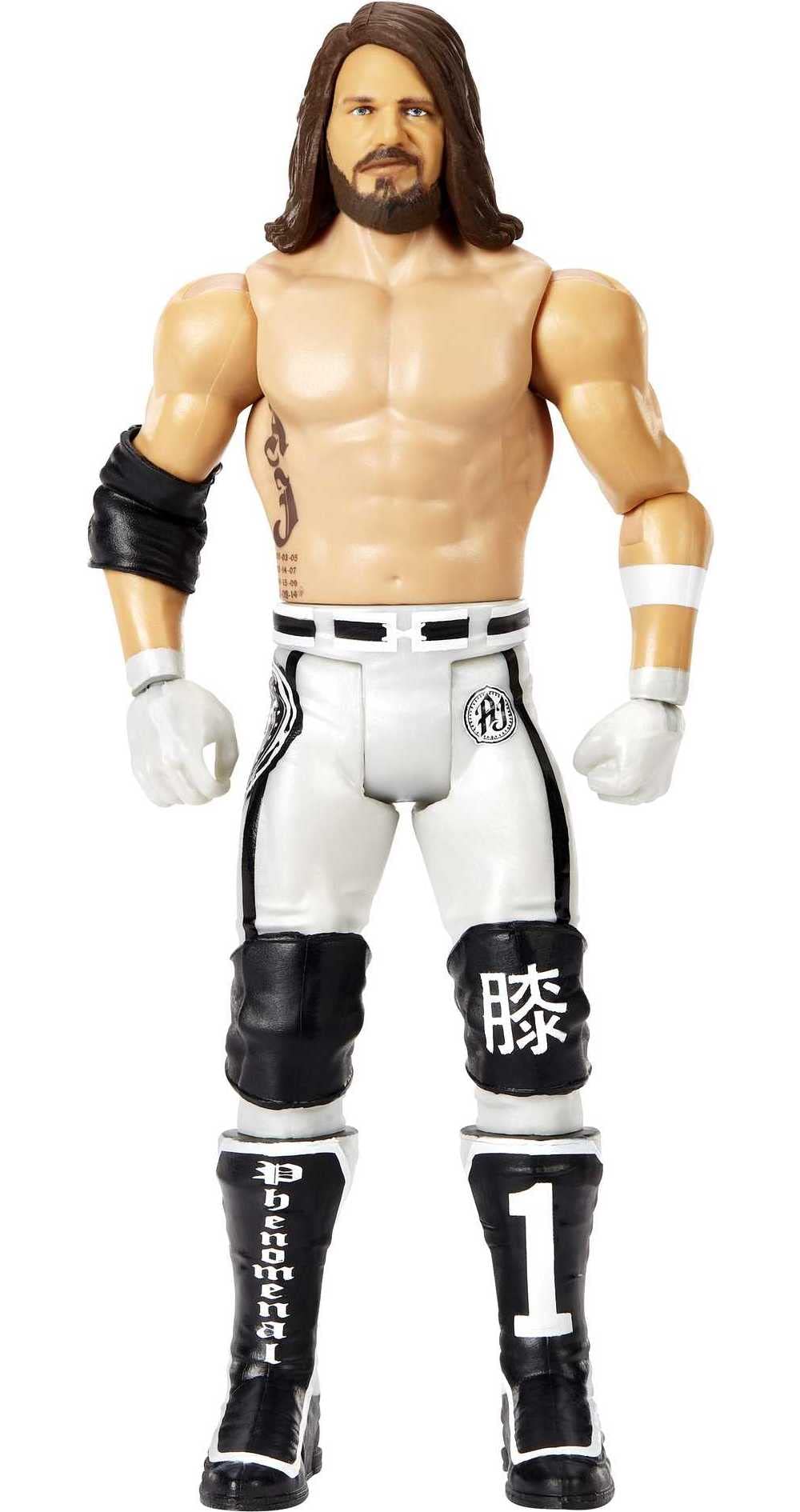 Mattel WWE AJ Styles ring gear detail captures authentic look and collecting appeal.