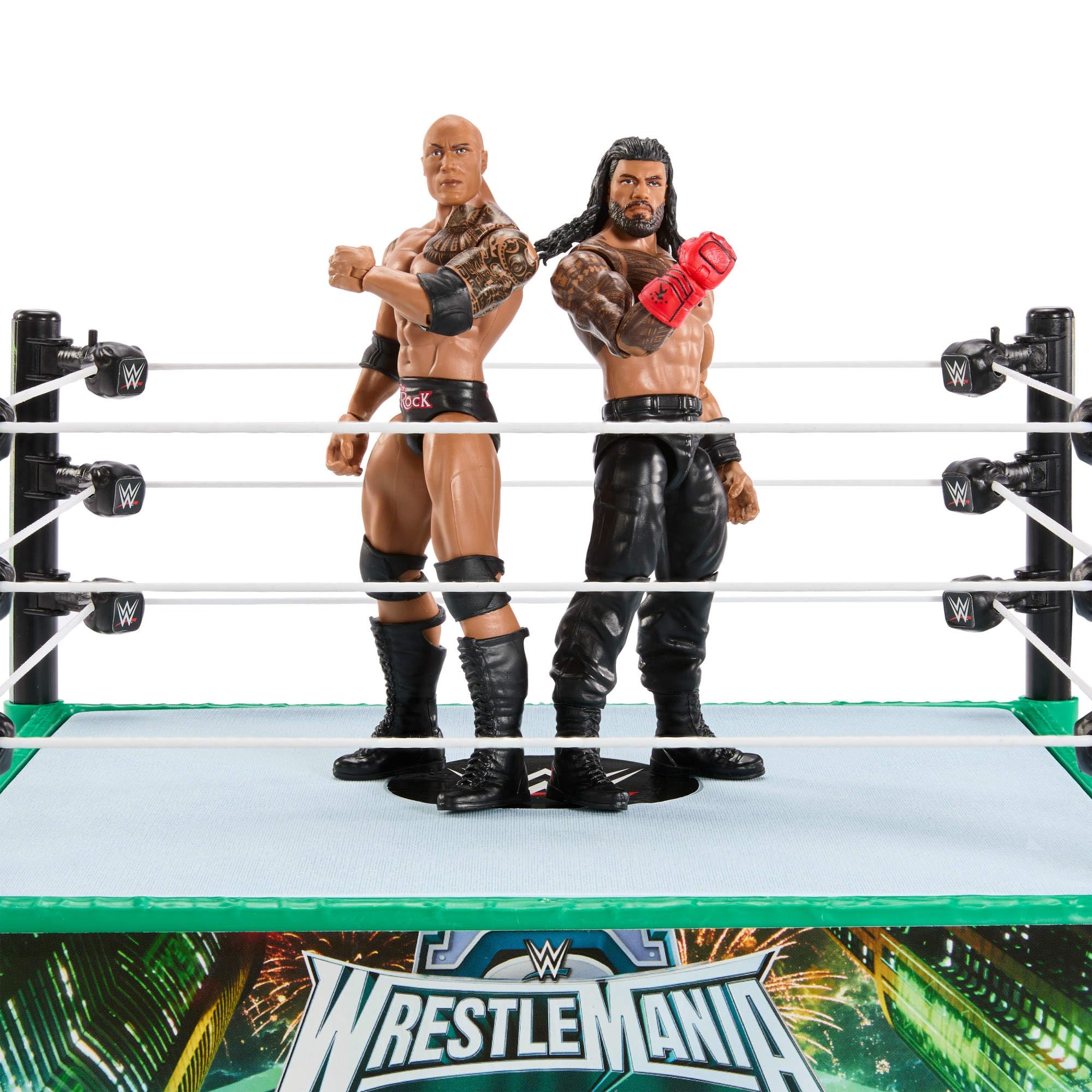 Mattel WWE Bloodline The Rock figure with articulated signature moves.