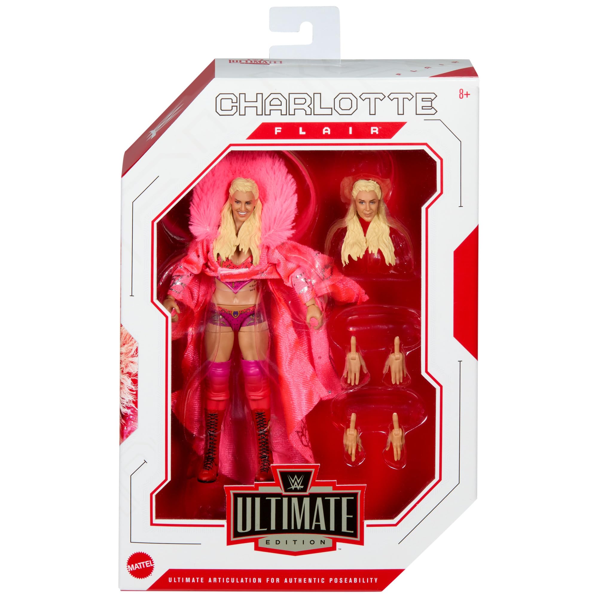Mattel WWE Charlotte Flair swappable hands enable varied expressions and actions.