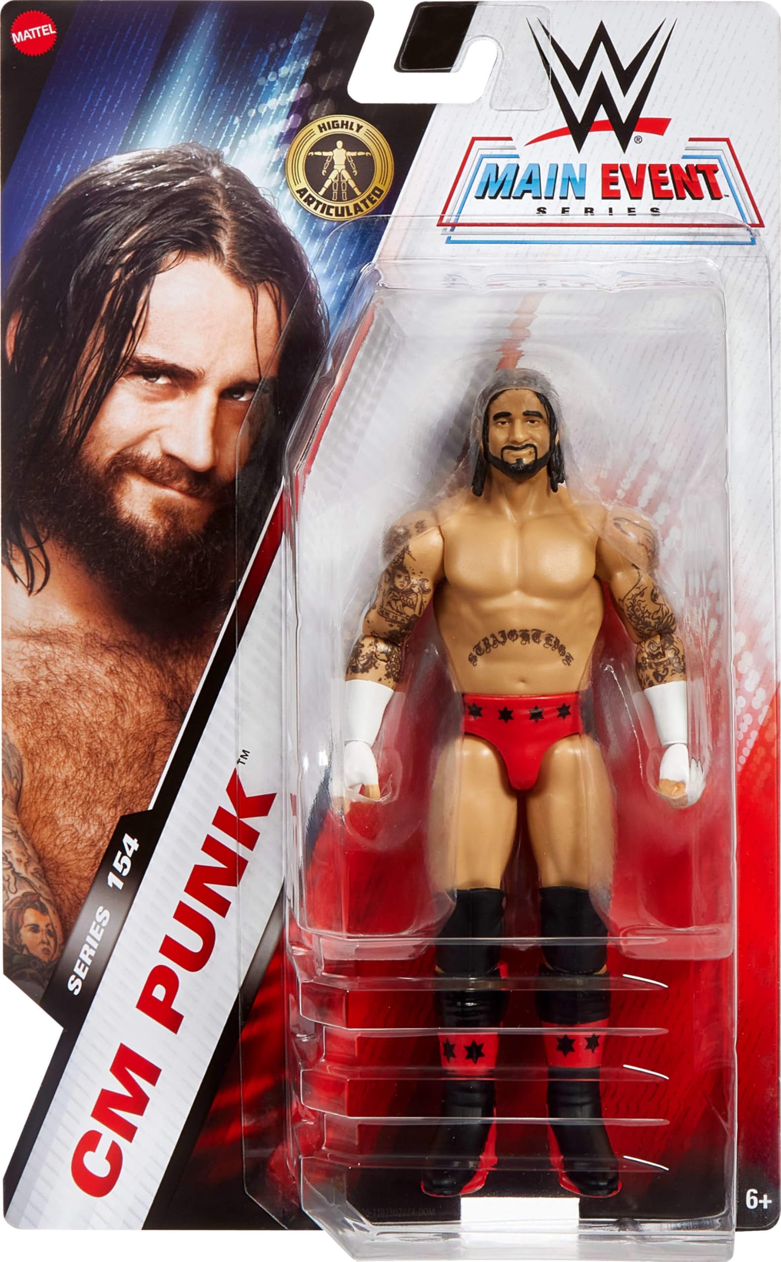 Mattel WWE Cm Punk figure ready-to-pose highlights articulation for action play.