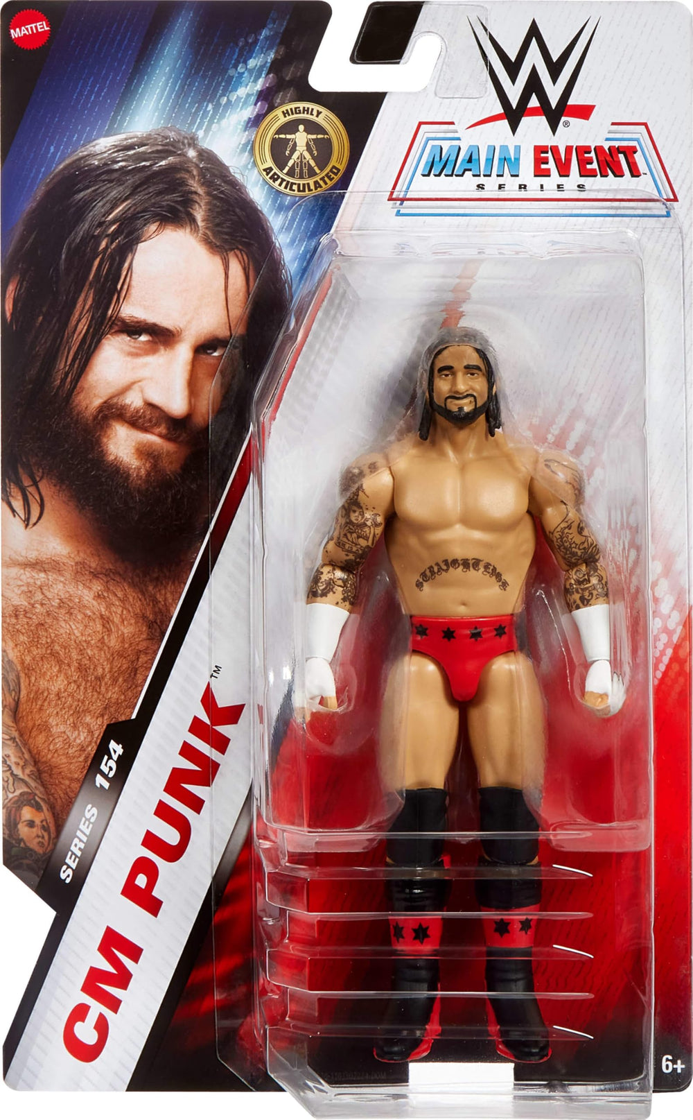 Mattel WWE Cm Punk figure ready-to-pose highlights articulation for action play.