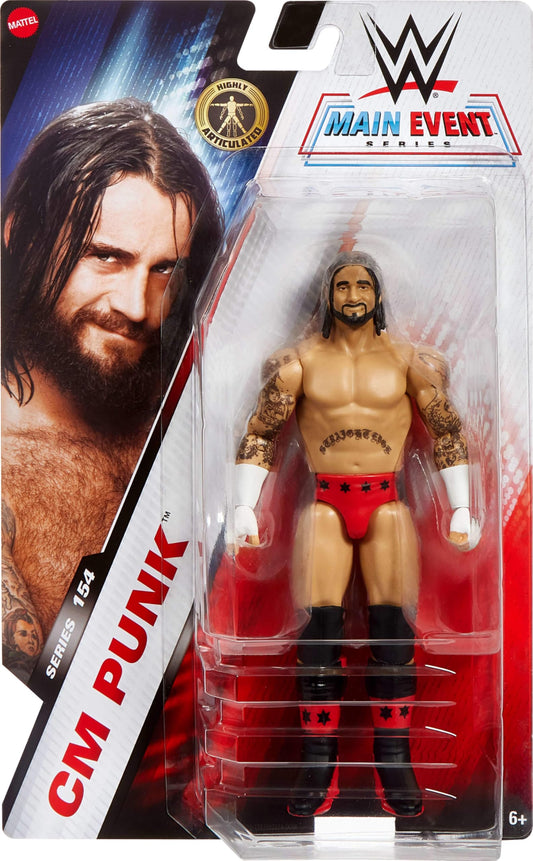 Mattel WWE Cm Punk figure ready-to-pose highlights articulation for action play.