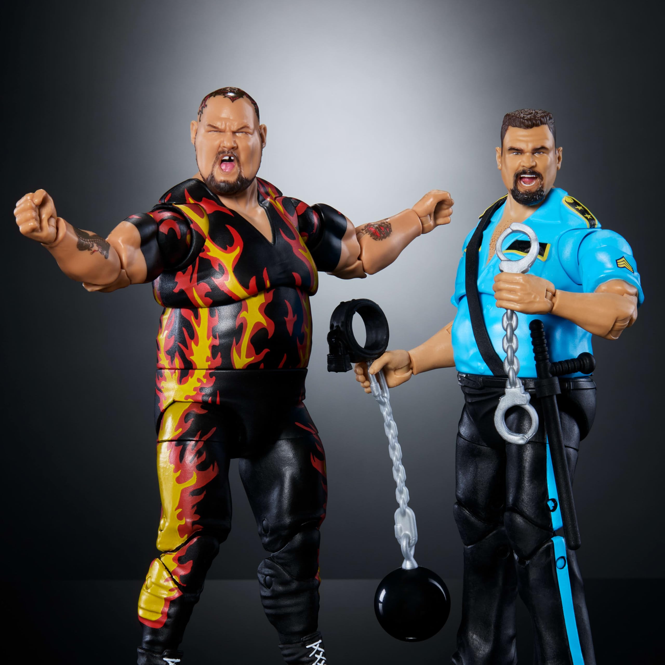 Mattel WWE Bam Bam Bigelow swappable heads and hands for pose variety.