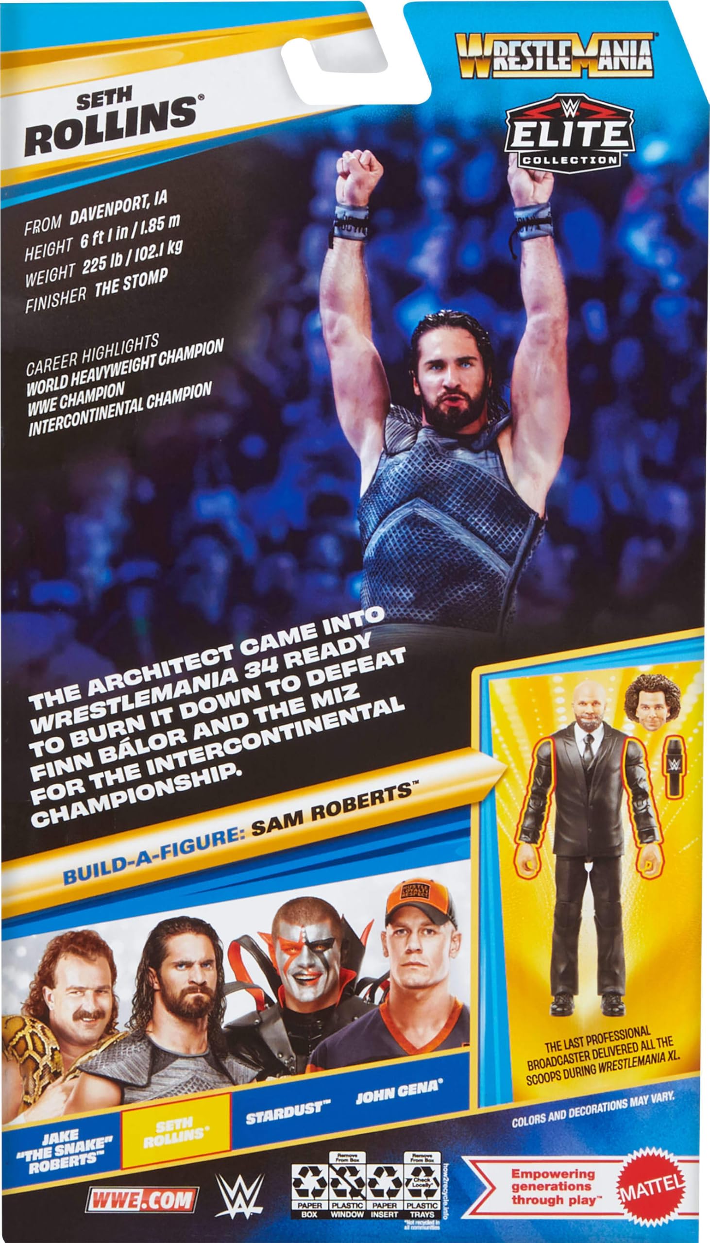 Mattel WWE Elite packaging highlights iconic moments for display and giftability.