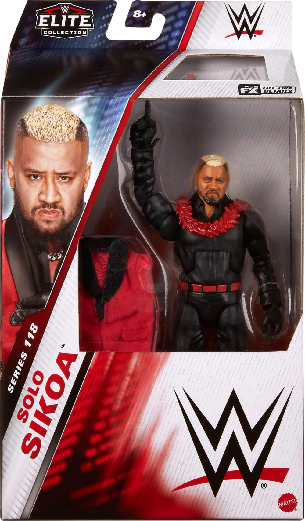 Mattel WWE Elite Solo Sikoa pose highlighting 25 articulation points for dynamic action