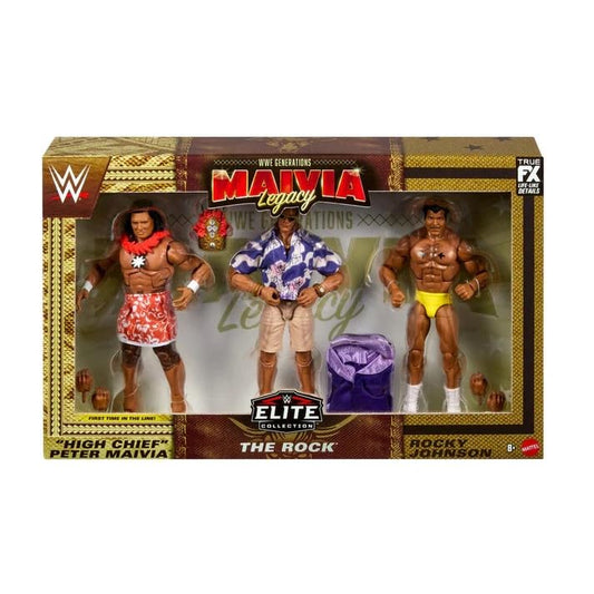 Mattel WWE Generation Maivia Legacy The Rock 3-figure pack close-up highlighting detailed sculpting for display collection.