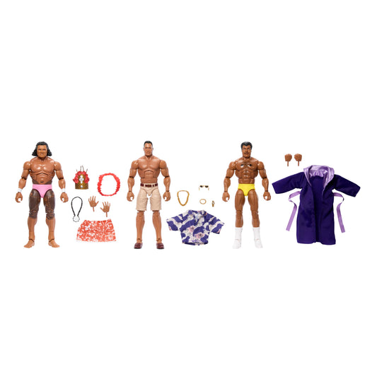 Mattel WWE Generation Maivia Legacy The Rock 3-figure pack group shot ideal for shelf display and posing.