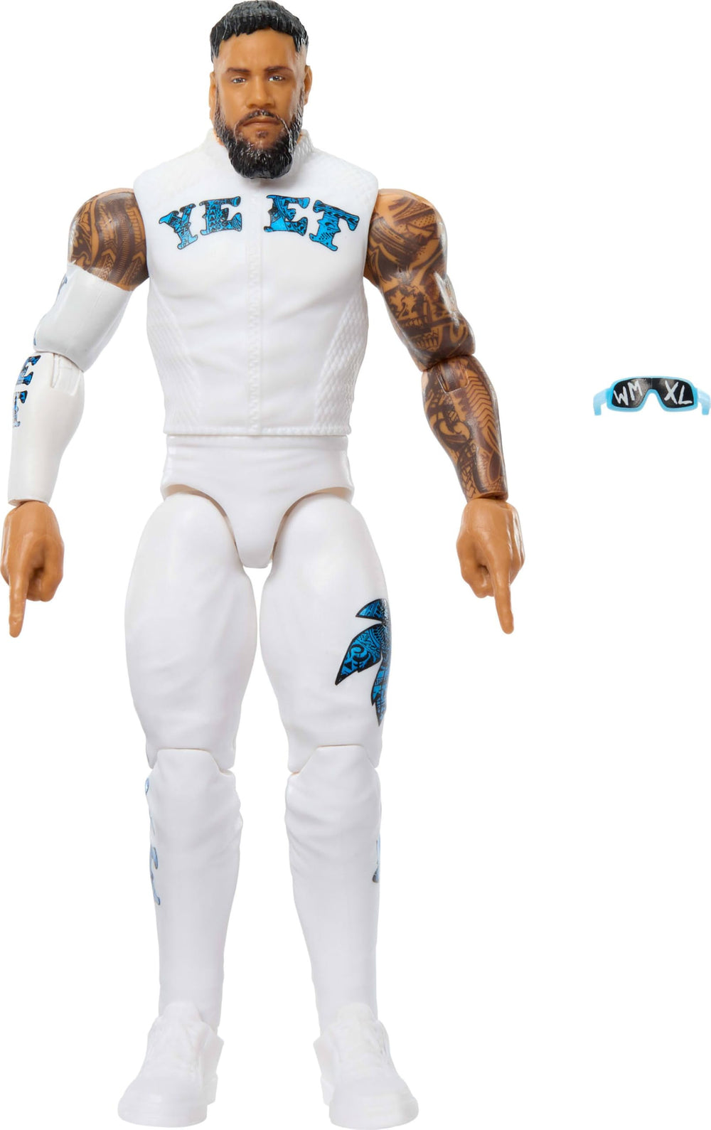 Mattel WWE Jey Uso 6-inch figure front view showing authentic ring gear for display