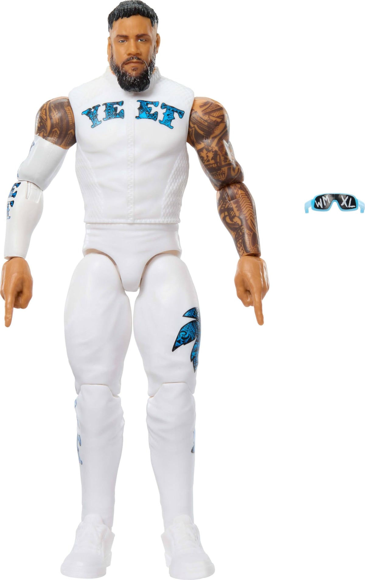 Mattel WWE Jey Uso 6-inch figure front view showing authentic ring gear for display