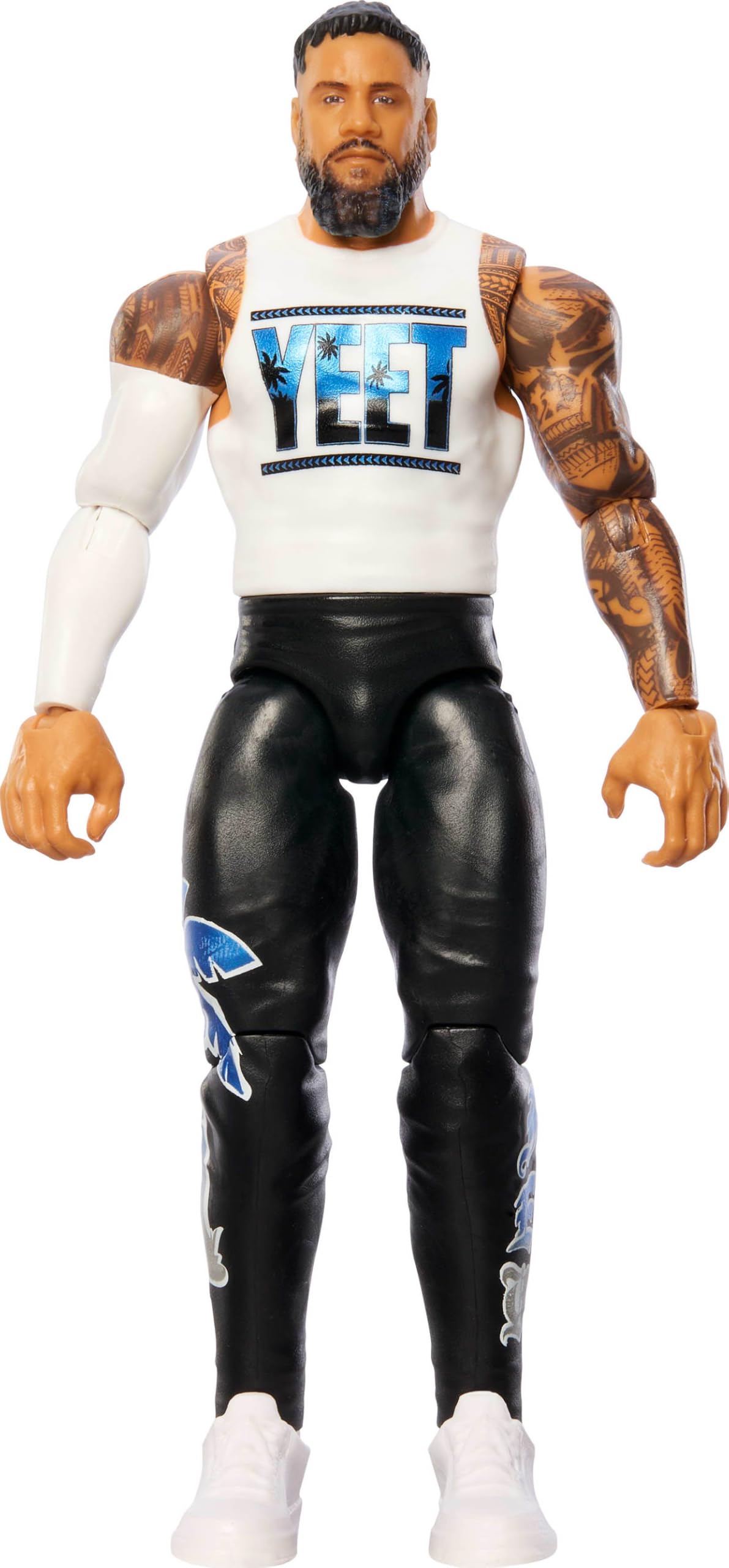 Mattel WWE Jey Usos action figure front view with detailed ring gear for display