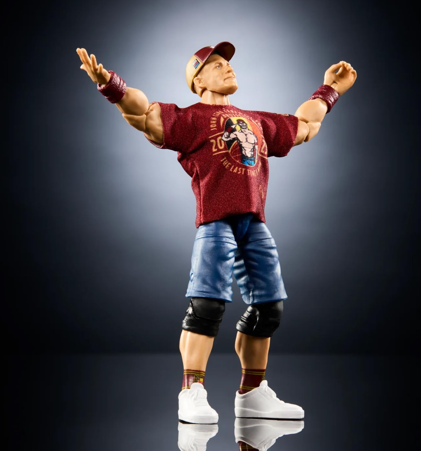 Mattel WWE JGV13 John Cena Elite articulation close-up emphasizes 25 points of movement.