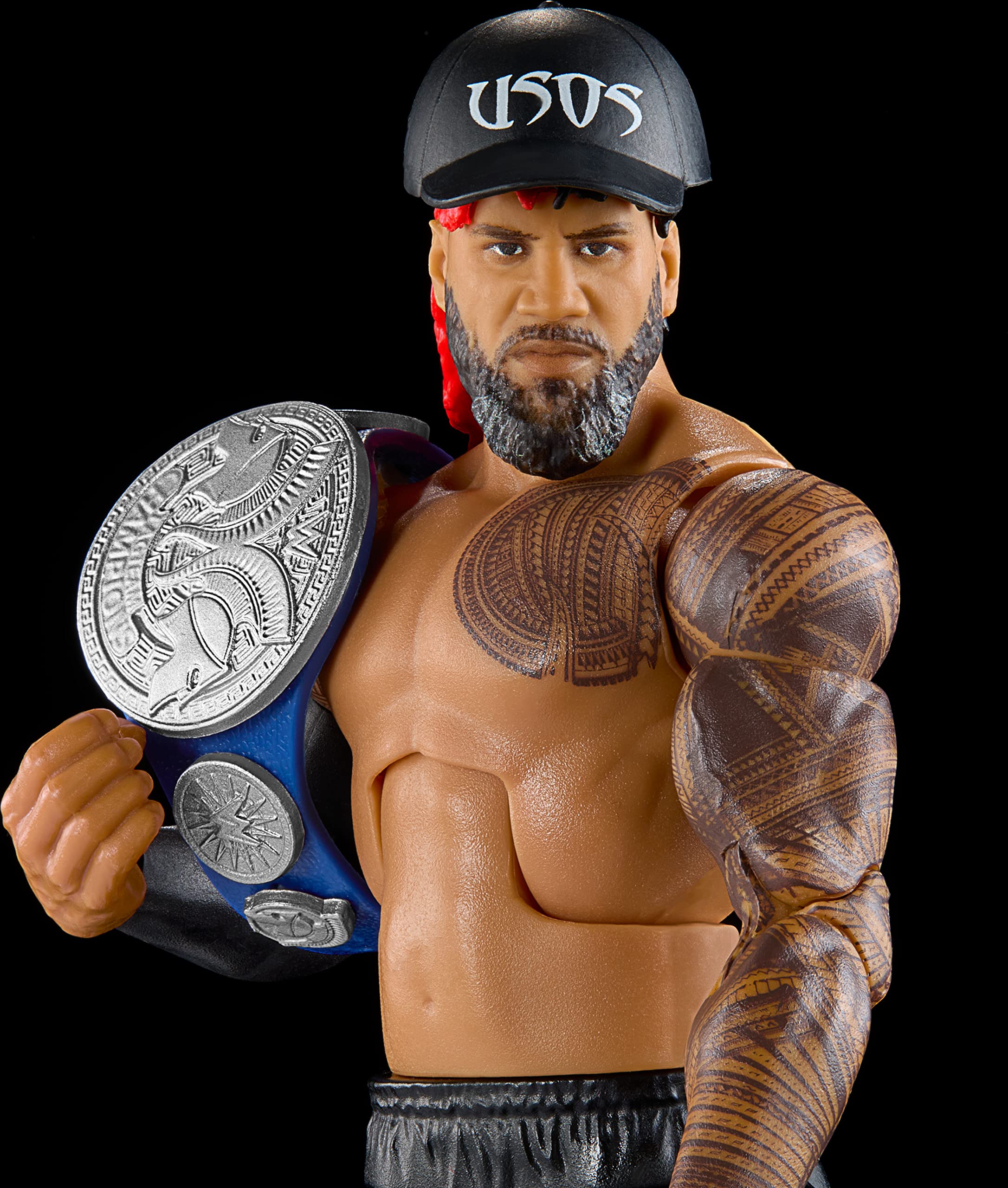 Mattel WWE Jimmy Uso Top Picks Elite close-up reveals TrueFX detailing for lifelike look.