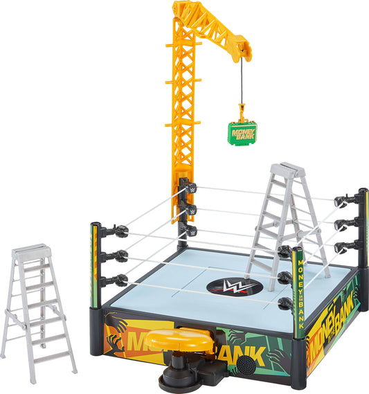 Mattel WWE Money in the Bank ring playset front view shows dramatic height and accessories