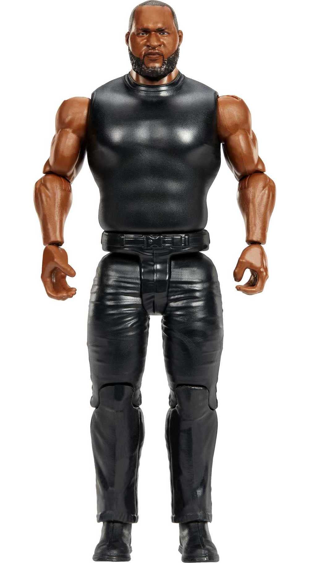 Mattel WWE Omos ring-gear detail highlighting authentic attire for display