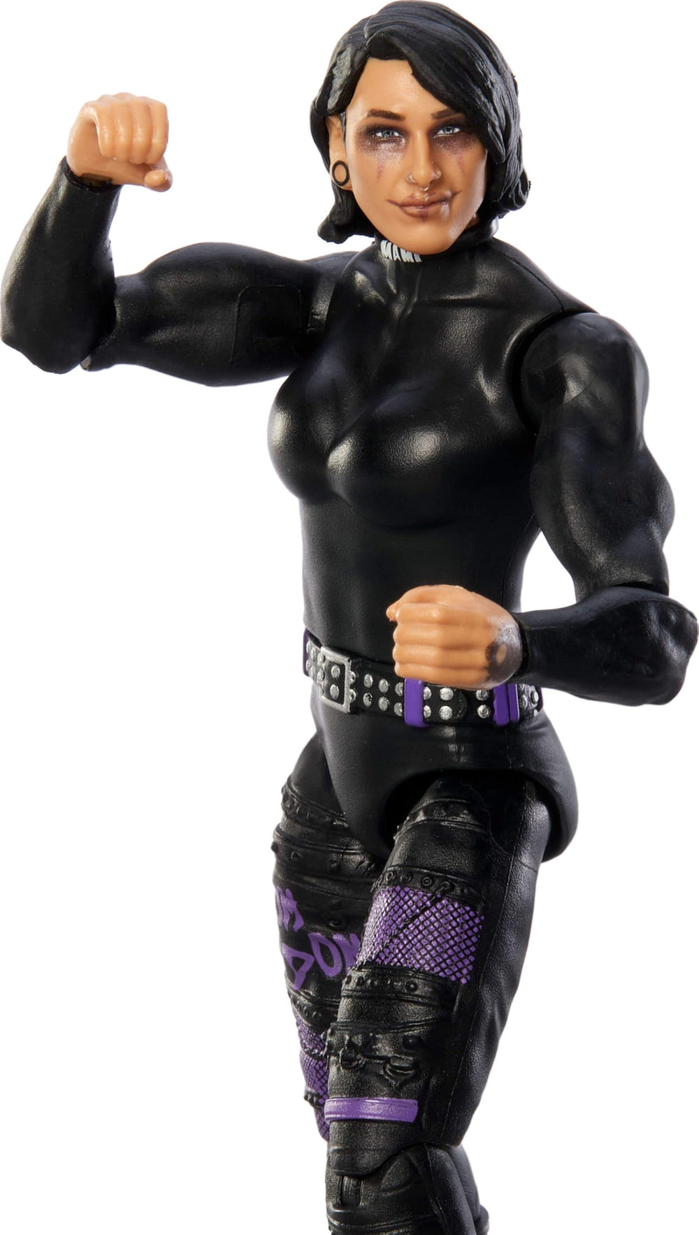 Mattel WWE Rhea Ripley figure articulation poseable for dynamic in-hand posing.