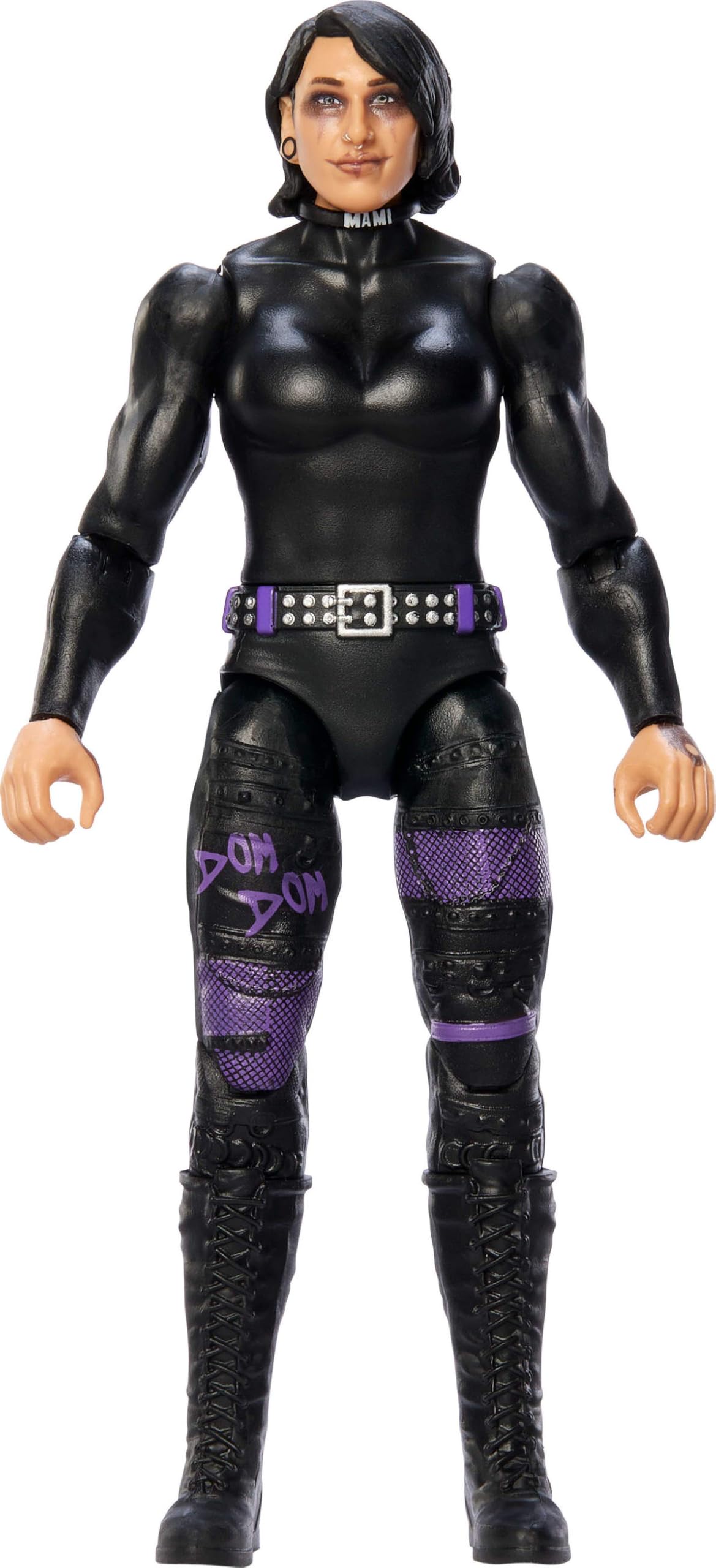 Mattel WWE Rhea Ripley figure front view with lifelike features for display and play.