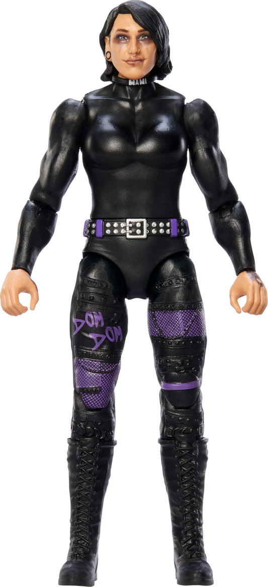 Mattel WWE Rhea Ripley figure front view with lifelike features for display and play.