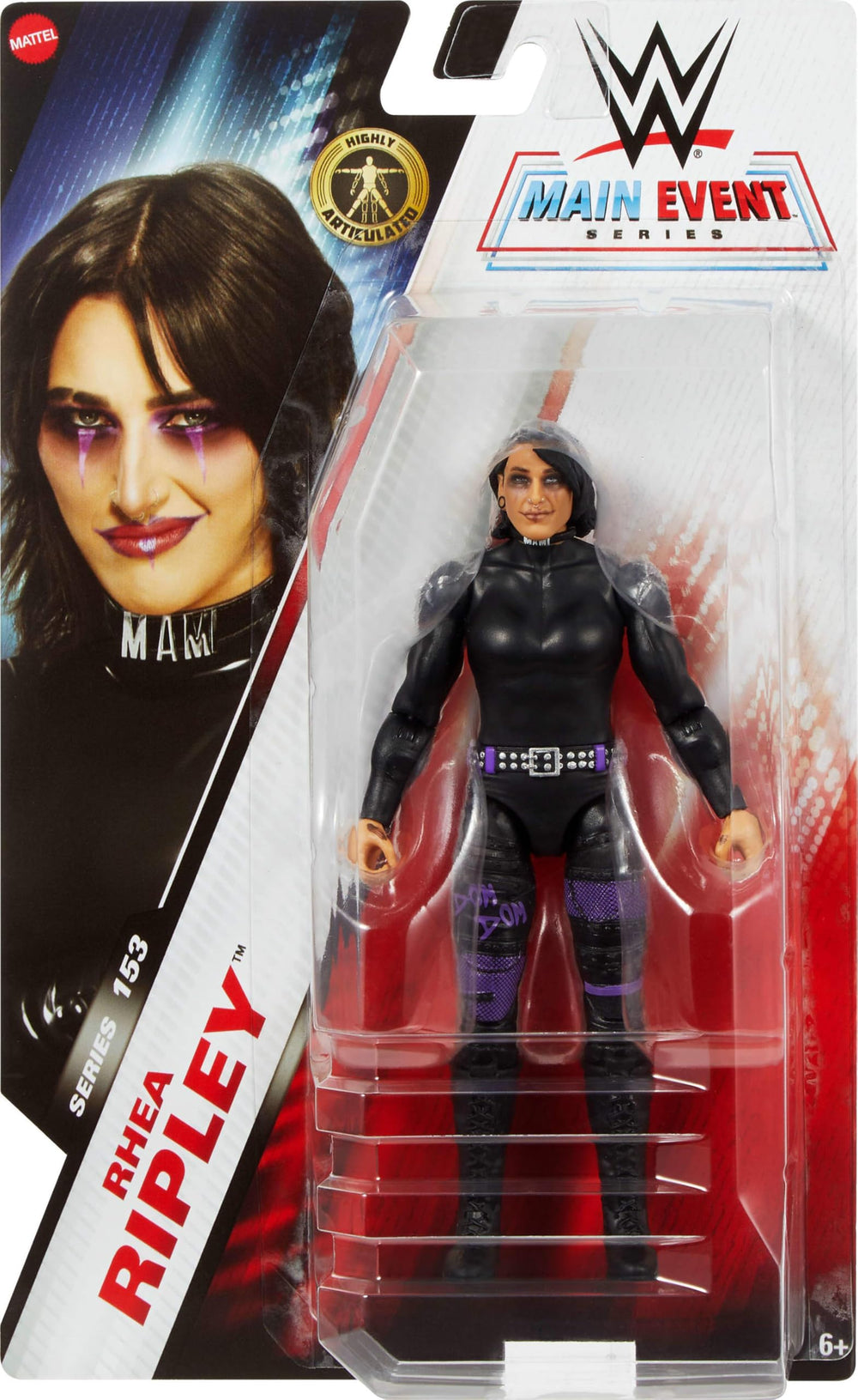 Mattel WWE Rhea Ripley figure closeup TrueFX face for realistic shelf display.