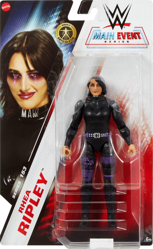 Mattel WWE Rhea Ripley figure closeup TrueFX face for realistic shelf display.