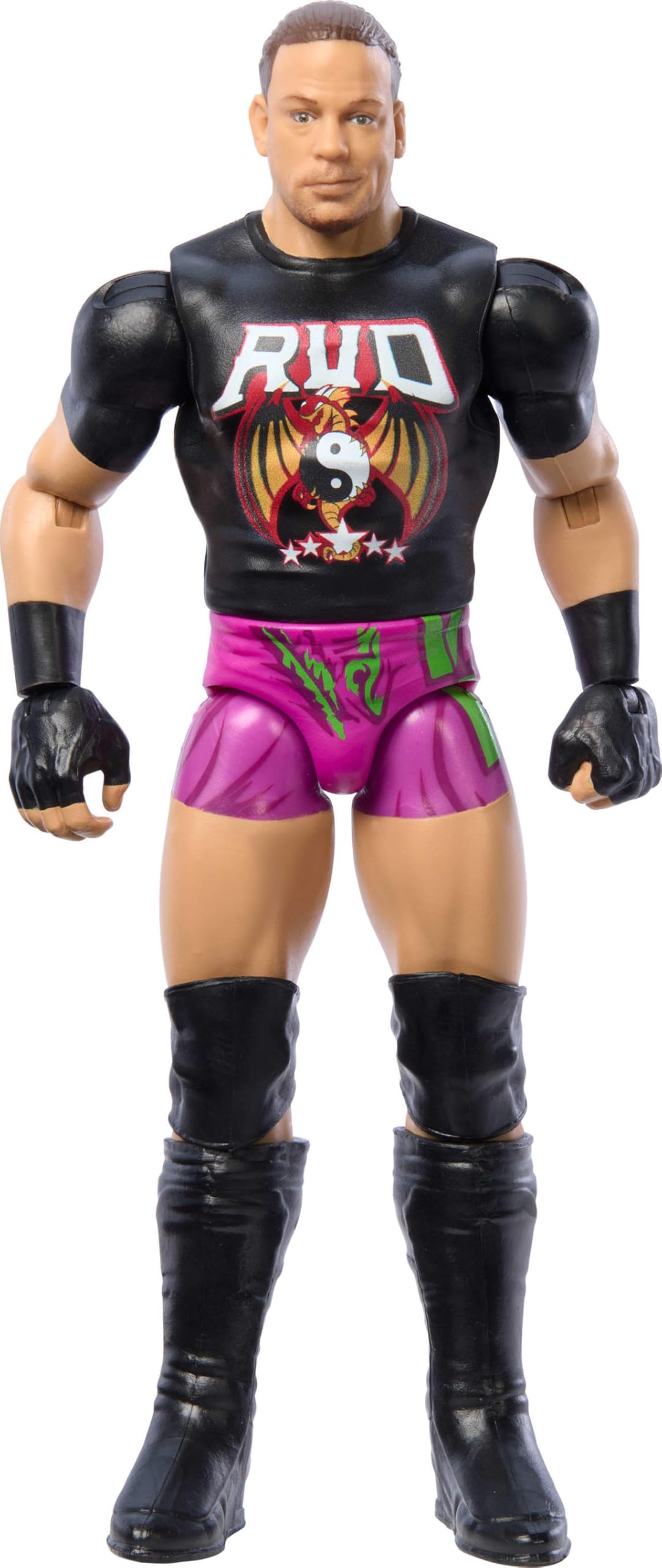 Mattel WWE Rob Van Dam figure front view showing 10 articulation points for posing.