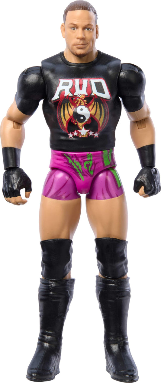 Mattel WWE Rob Van Dam figure front view showing 10 articulation points for posing.