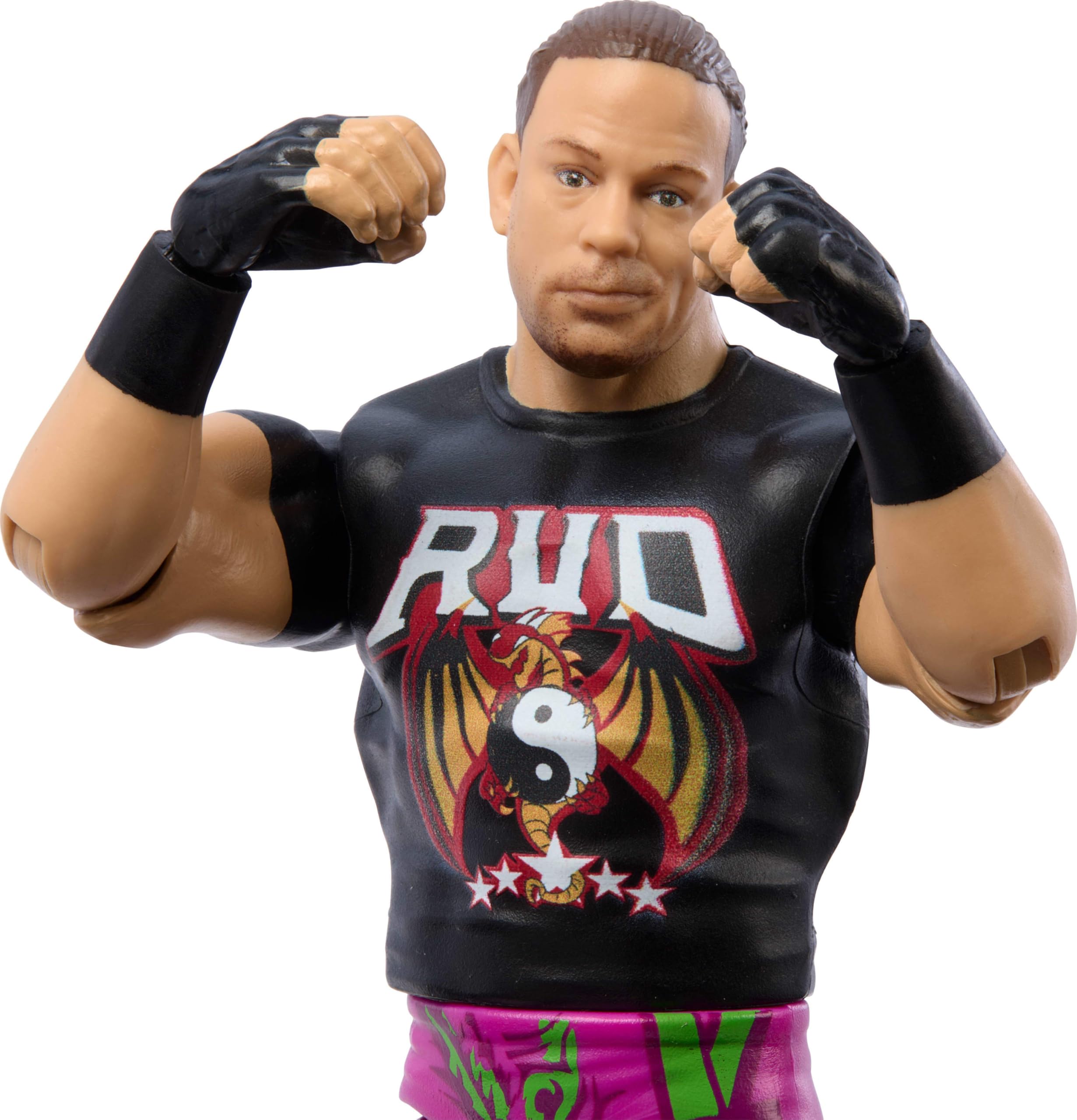 Mattel WWE Rob Van Dam figure in ring gear close-up.