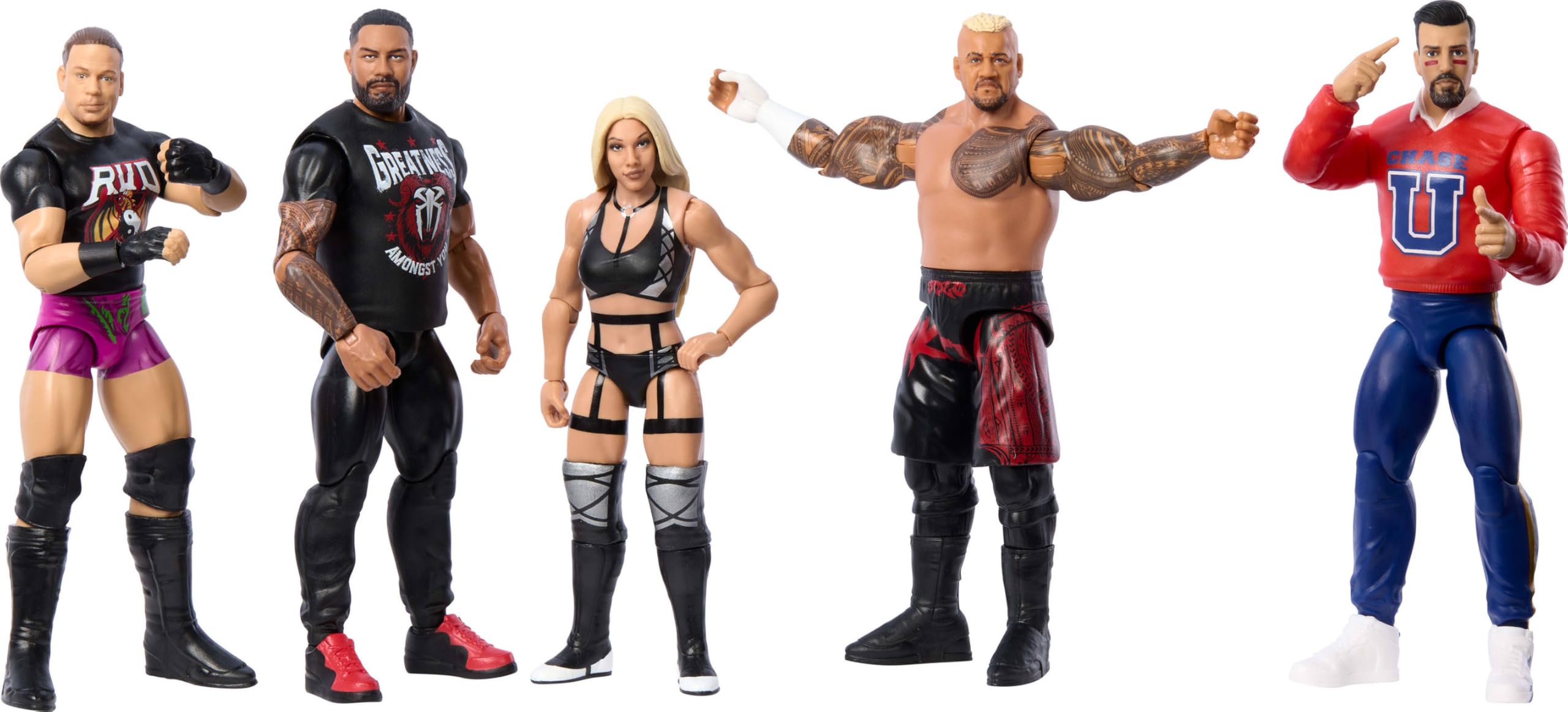 Mattel WWE Roman Reigns figure dynamic posing enables signature move recreations.