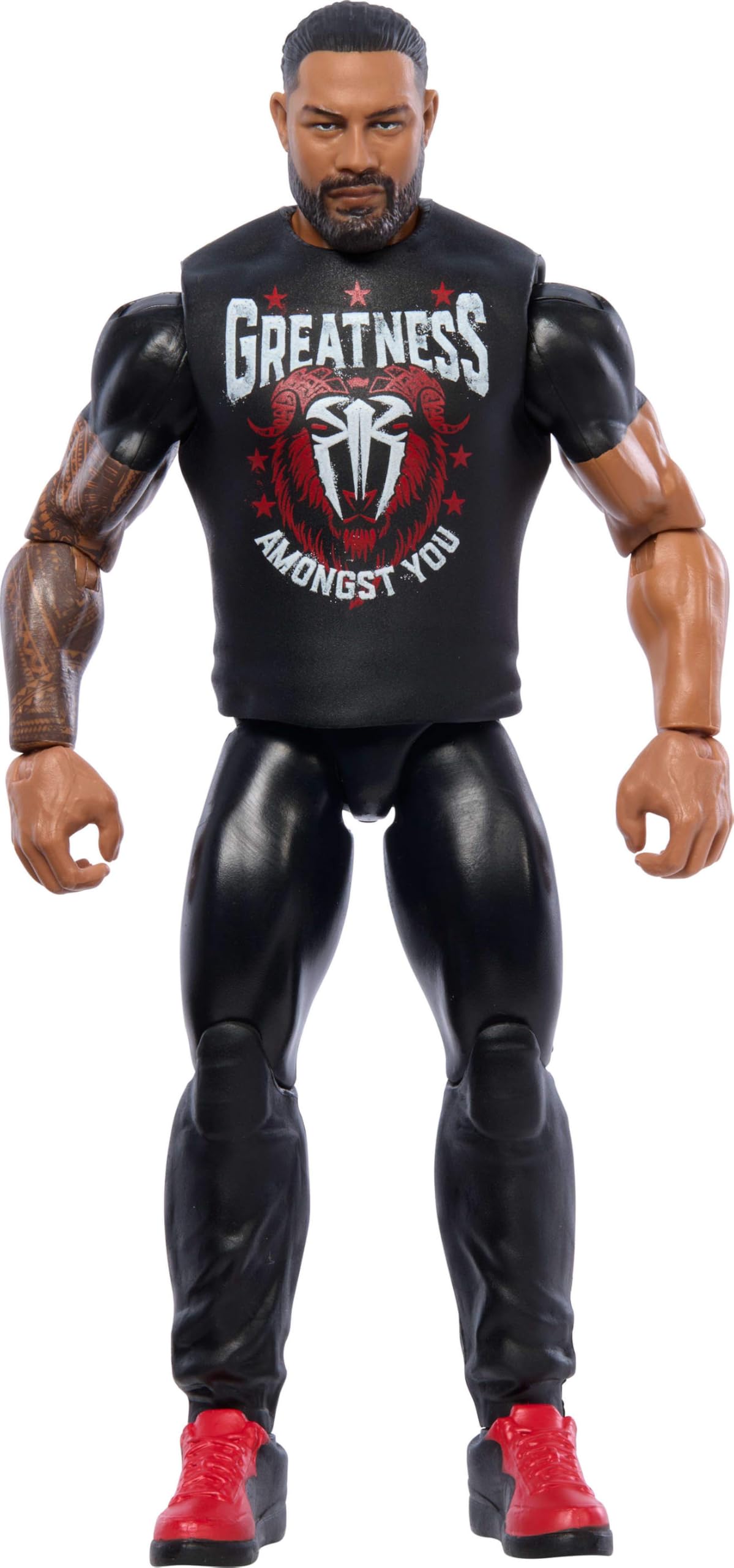 Mattel WWE Roman Reigns figure front view highlights authentic ring gear for display.