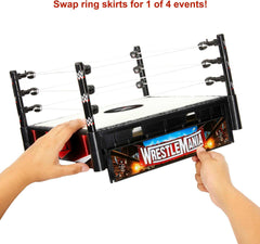 Mattel WWE Superstar Ring RAW apron sticker promotes event setup.