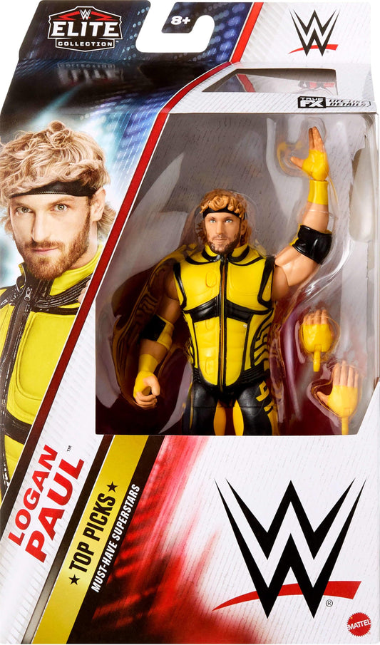 Mattel WWE Top Picks Elite Logan Paul figure shows swappable hands for varied poses.