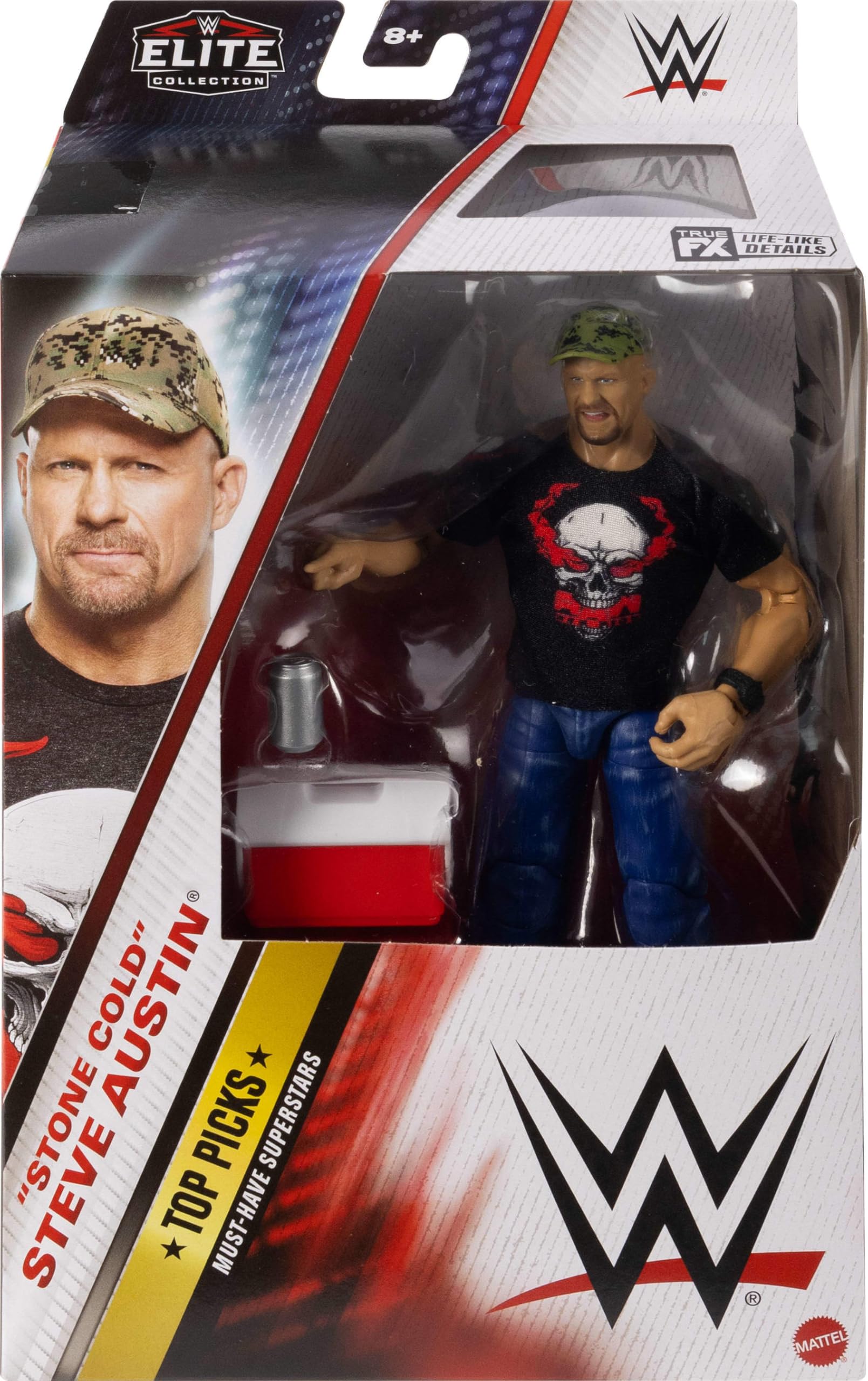 Mattel WWE Top Picks Elite Stone Cold Steve Austin figure close up TrueFX facial features for realism
