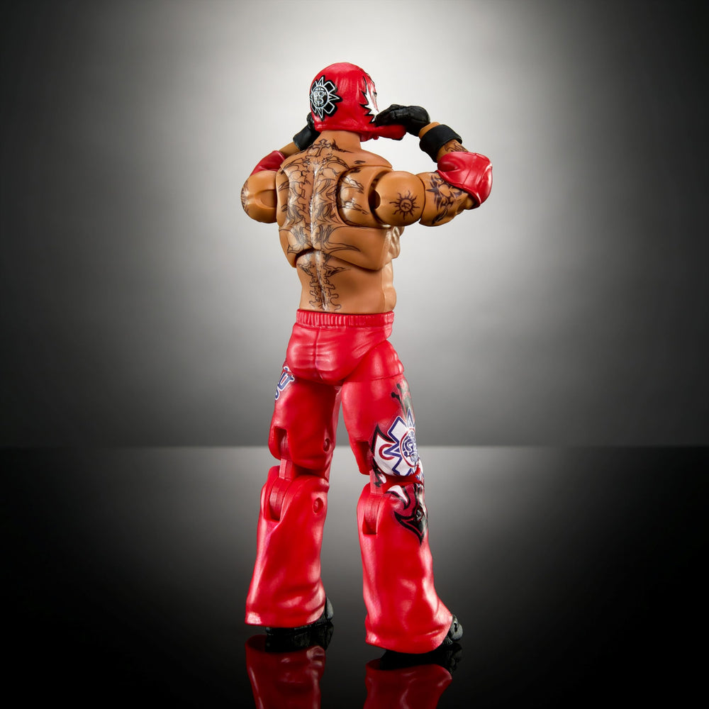 Mattel WWE Ultimate Edition Rey Mysterio display packaging for safe, reusable storage.