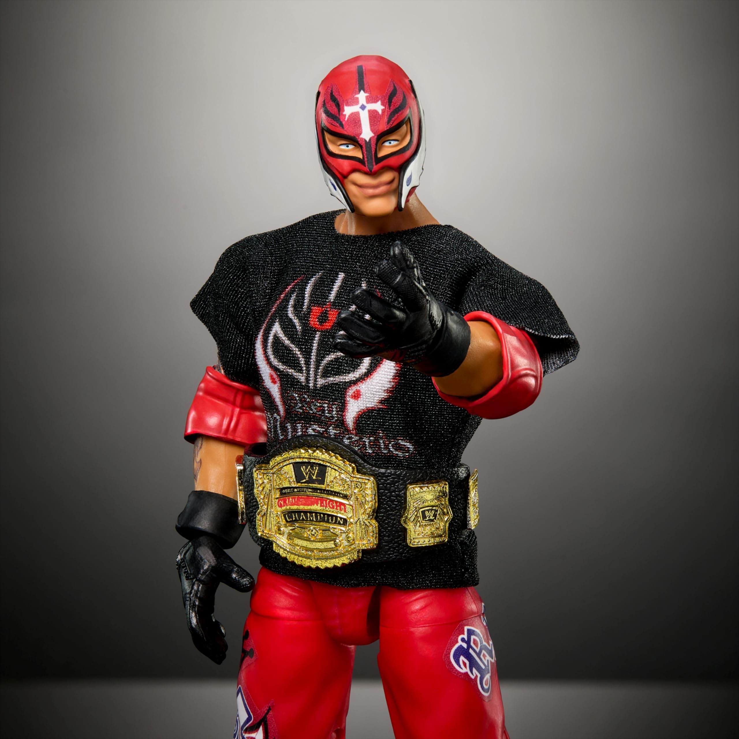 Mattel WWE Ultimate Edition Rey Mysterio swappable hands for varied action poses.