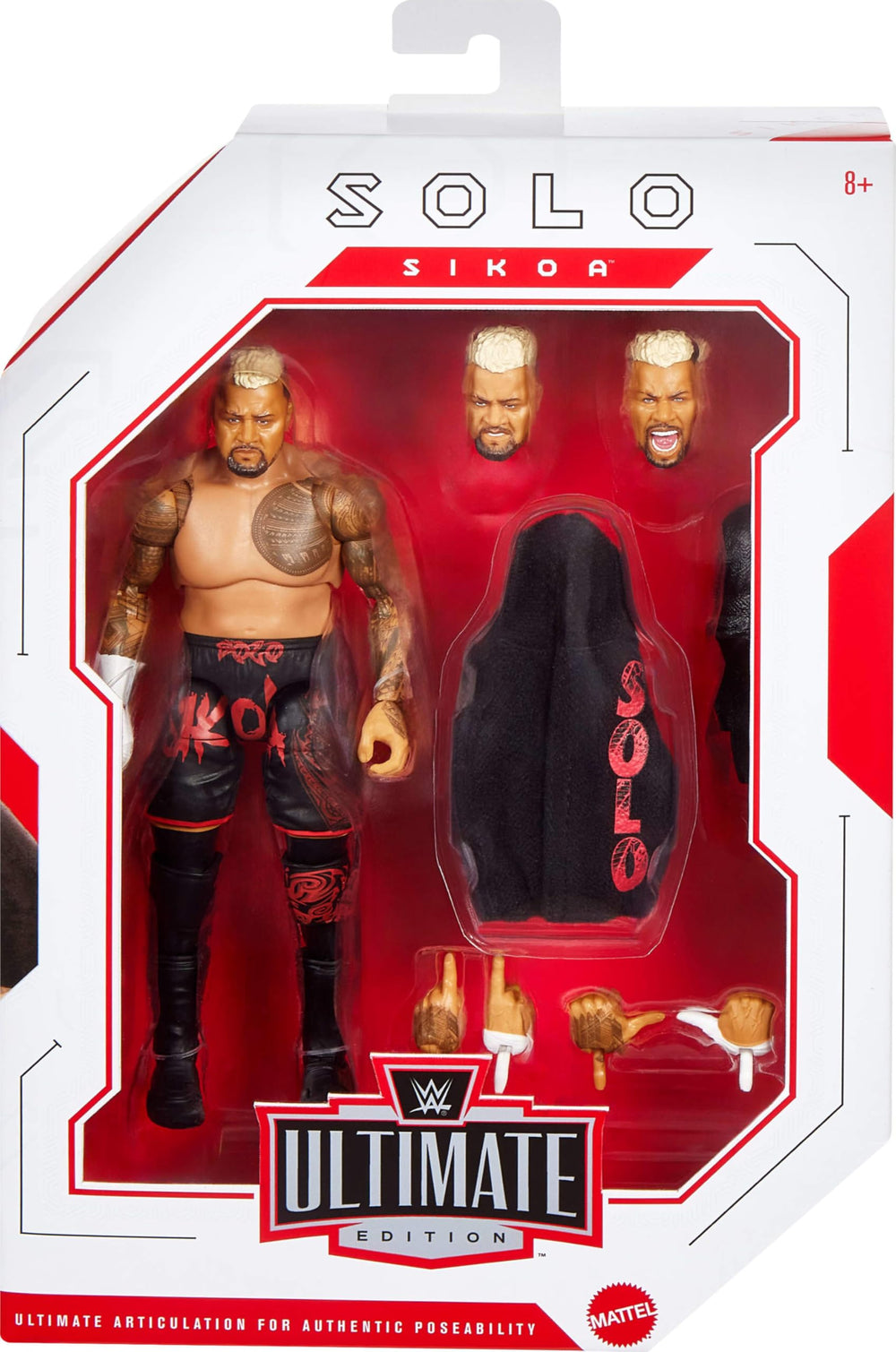 Mattel WWE Ultimate Edition Solo Sikoa swappable heads offer expression versatility.
