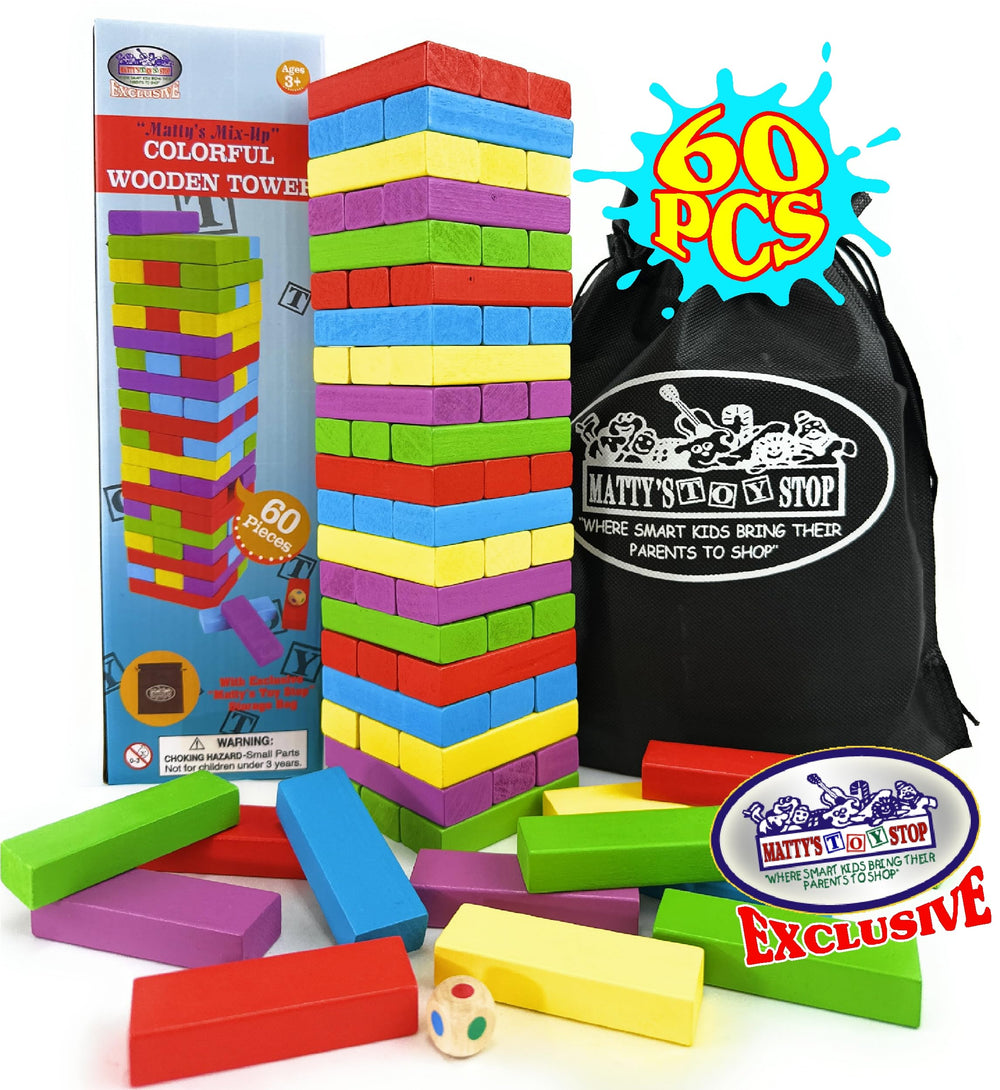 Matty's Mix-Up tower-dice encourages strategic color-removal challenges.