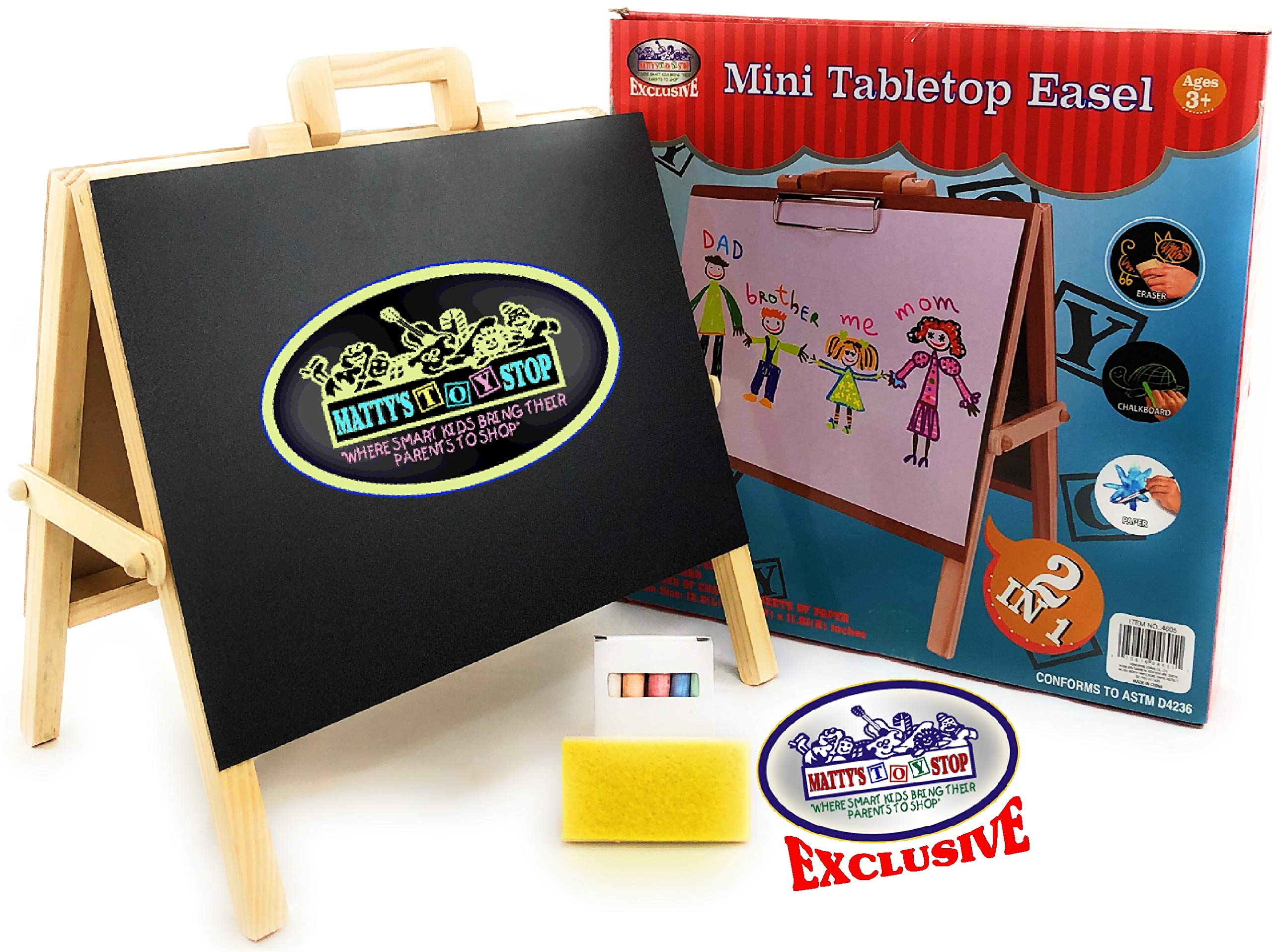 Matty's Toy Stop easel includes colored chalk for vibrant drawings.