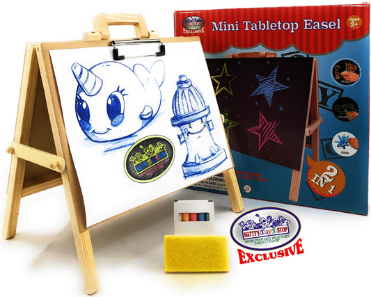 Matty's Toy Stop easel with paper clip secures paper on the go.