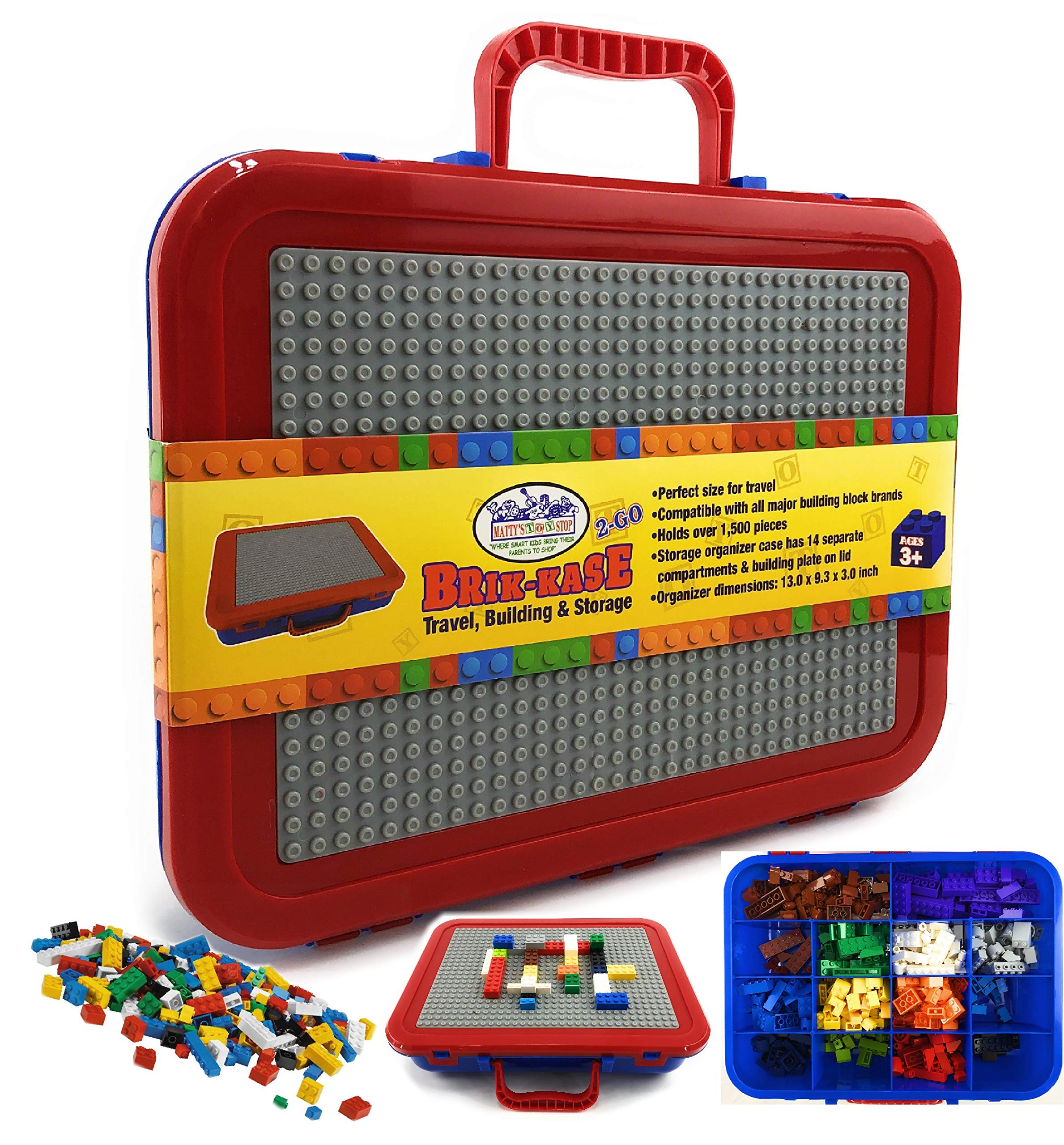 Matty's Toy Stop Brik-Kase 2-GO travel case keeps bricks organized for portable play