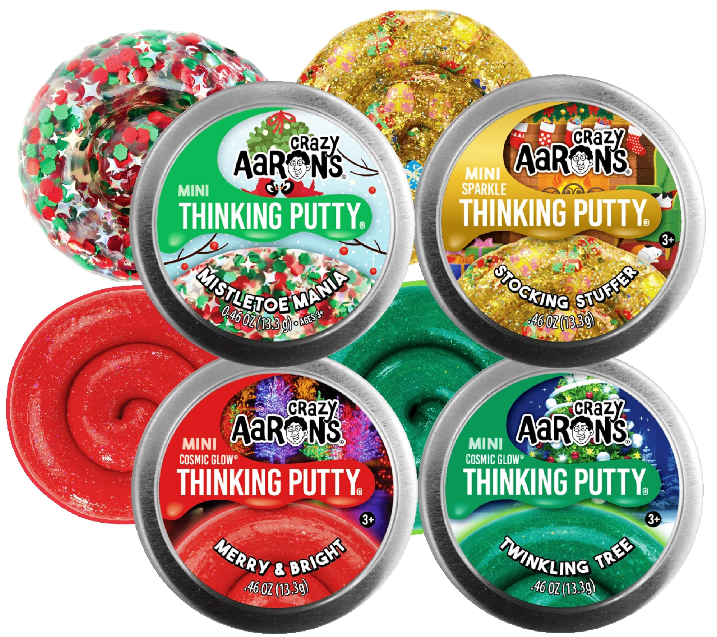 Matty's Toy Stop Crazy Aaron's Merry Bright Cosmic Glow putty in a mini tin with glow-in-the-dark fun.