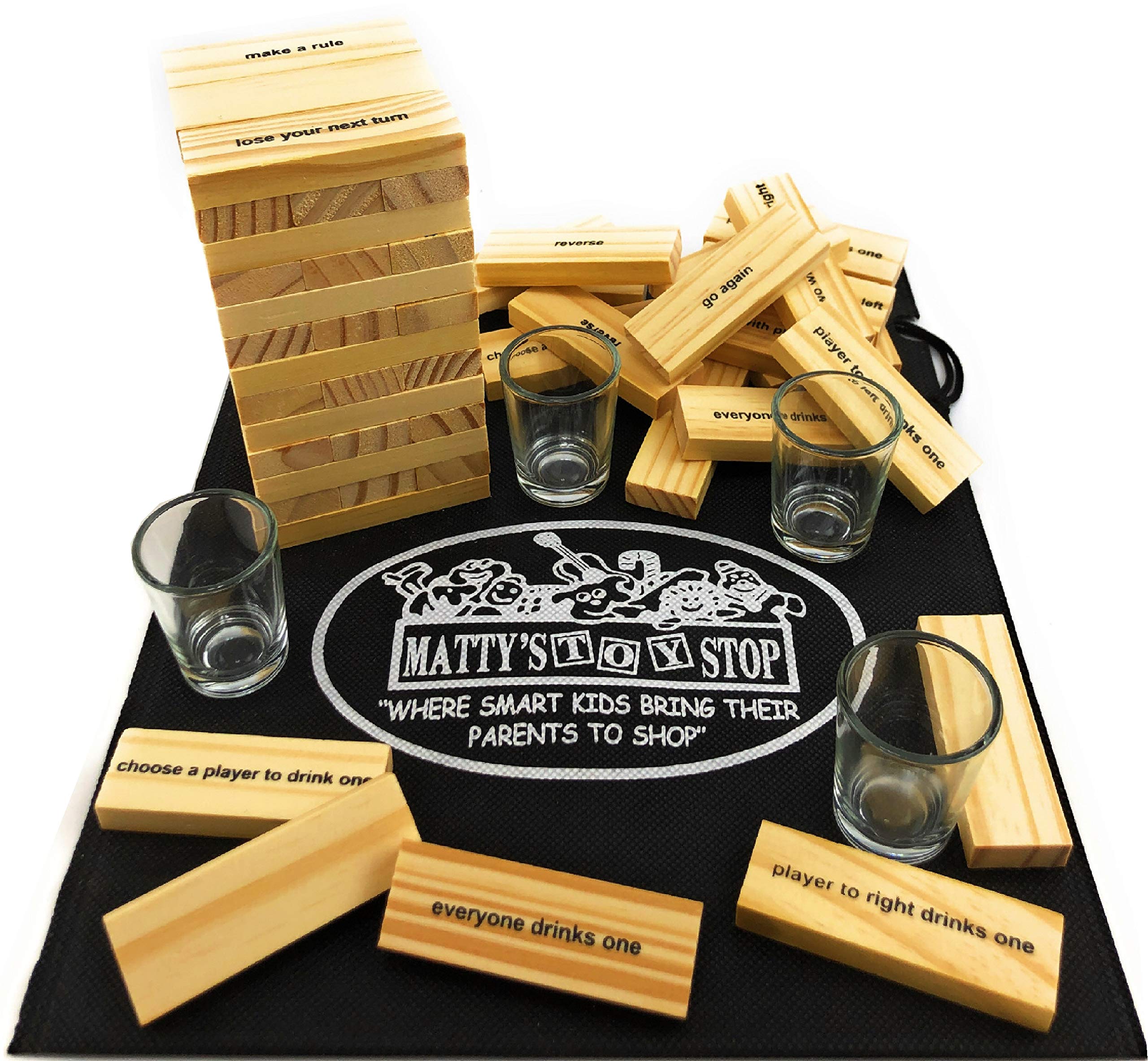 Matty's Toy Stop Deluxe Drunken Tower setup on table for adult party fun