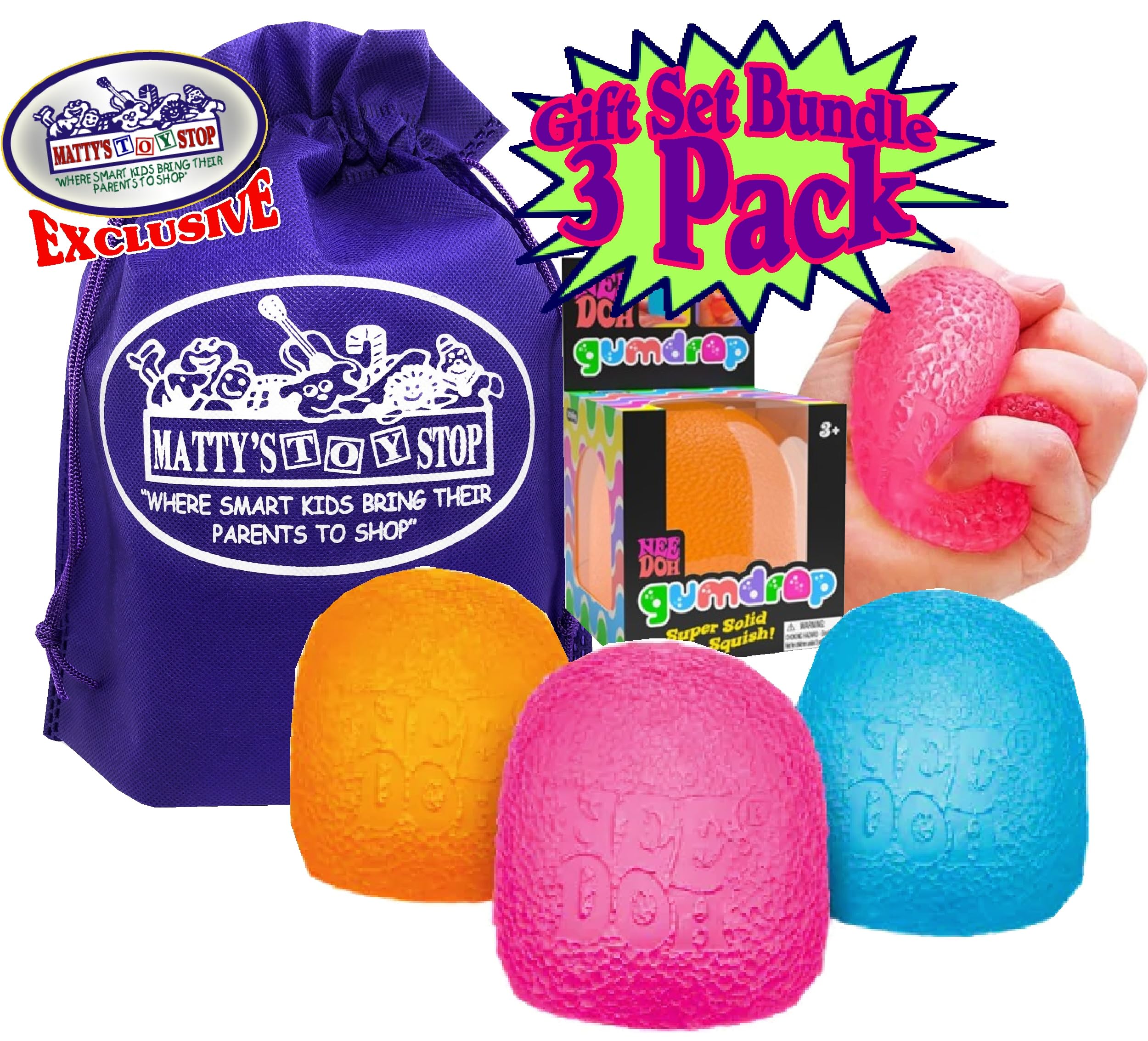 NeeDoh Gumdrop Groovy Glob three-pack with vibrant colors, perfect for on-the-go fidgeting.