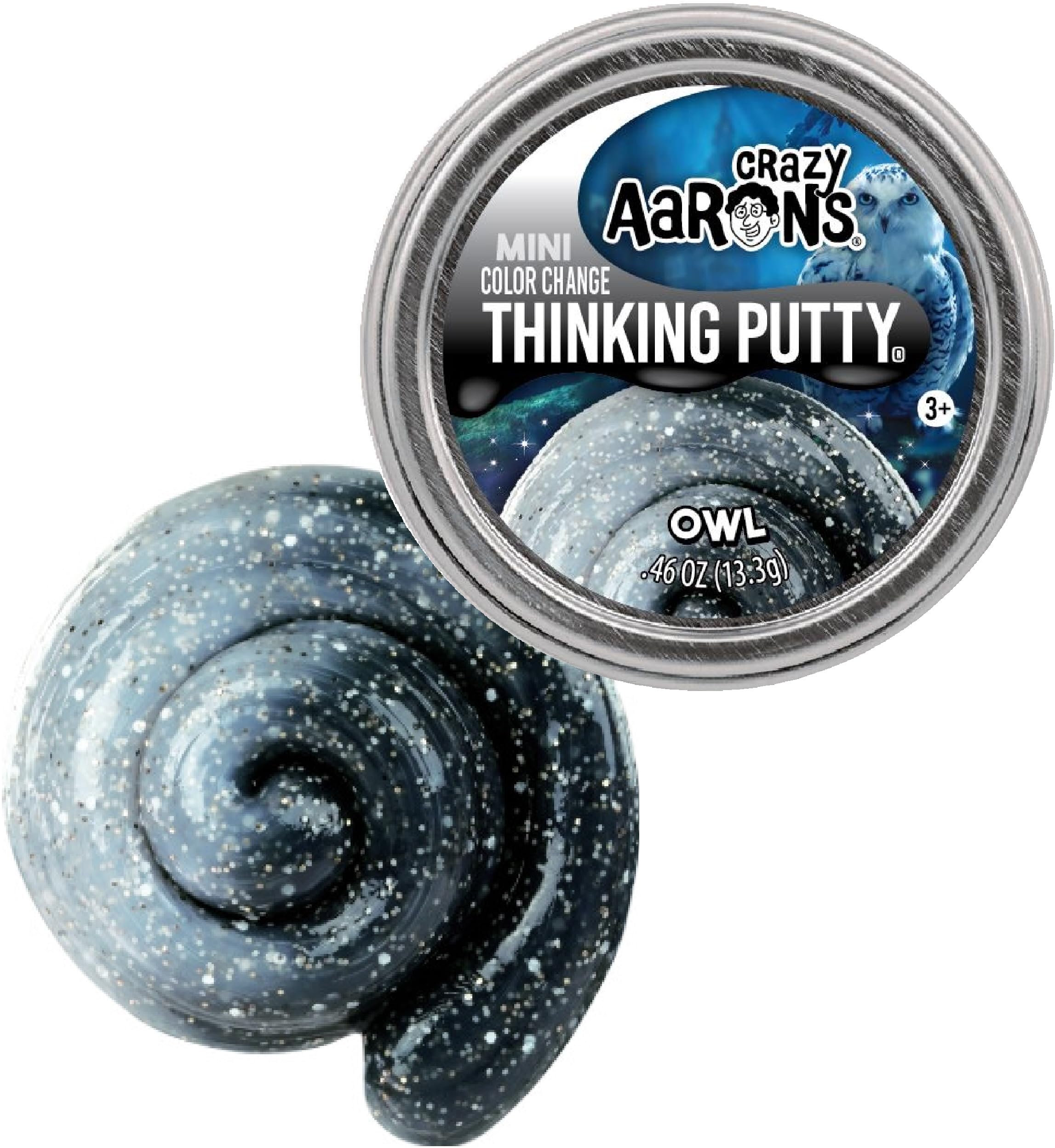 Matty's Toy Stop Owl mini tin putty shifts color with warmth and silver glitter