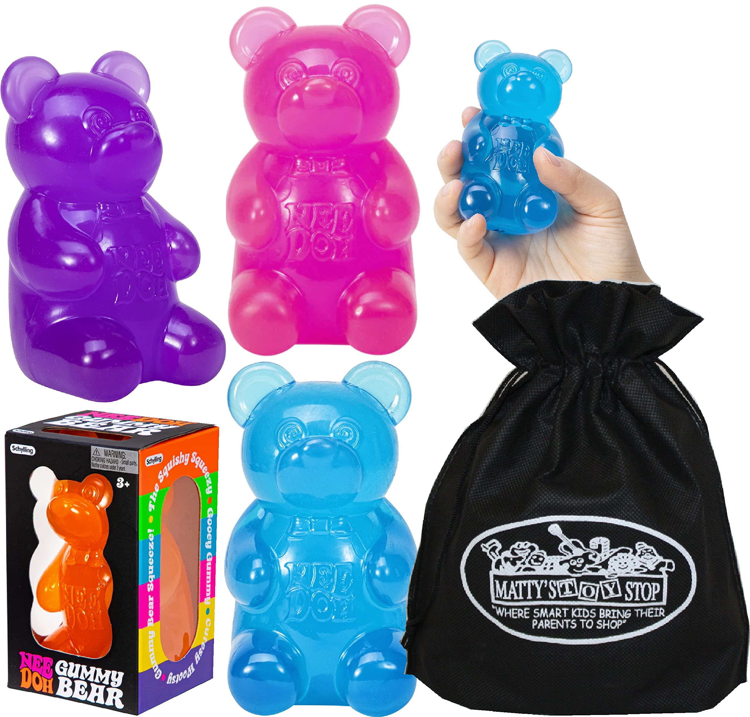 Matty's Toy Stop NeeDoh gummy bears three pack with storage bag for easy gifting