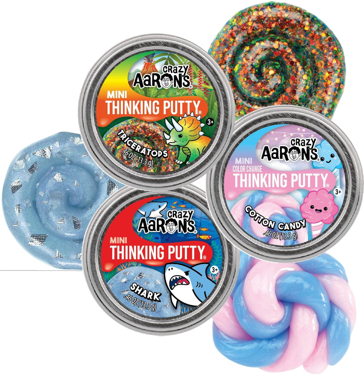 Matty's Toy Stop Triceratops Putty Mini Tin with color-shifting glitter for engaging sensory play.