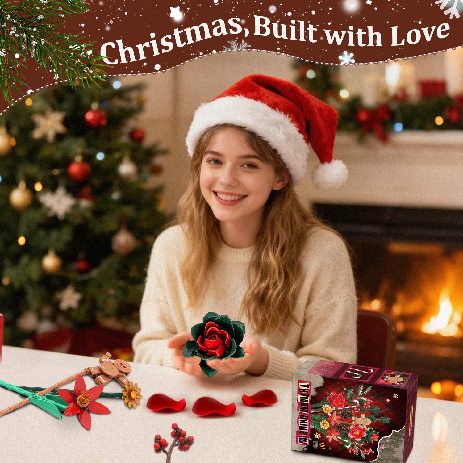 Holly and pinecone accents from Mavo brix buildable bouquet