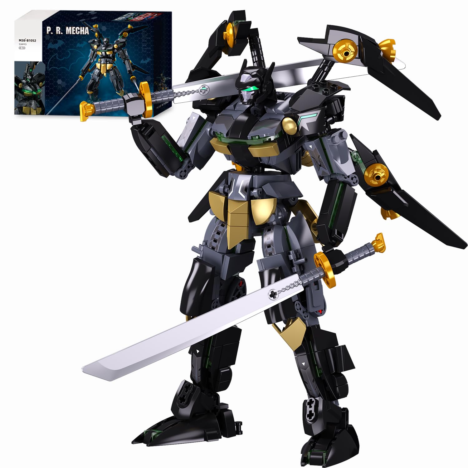 Mavo brix mech building set black robot figure ready for display and creative play.