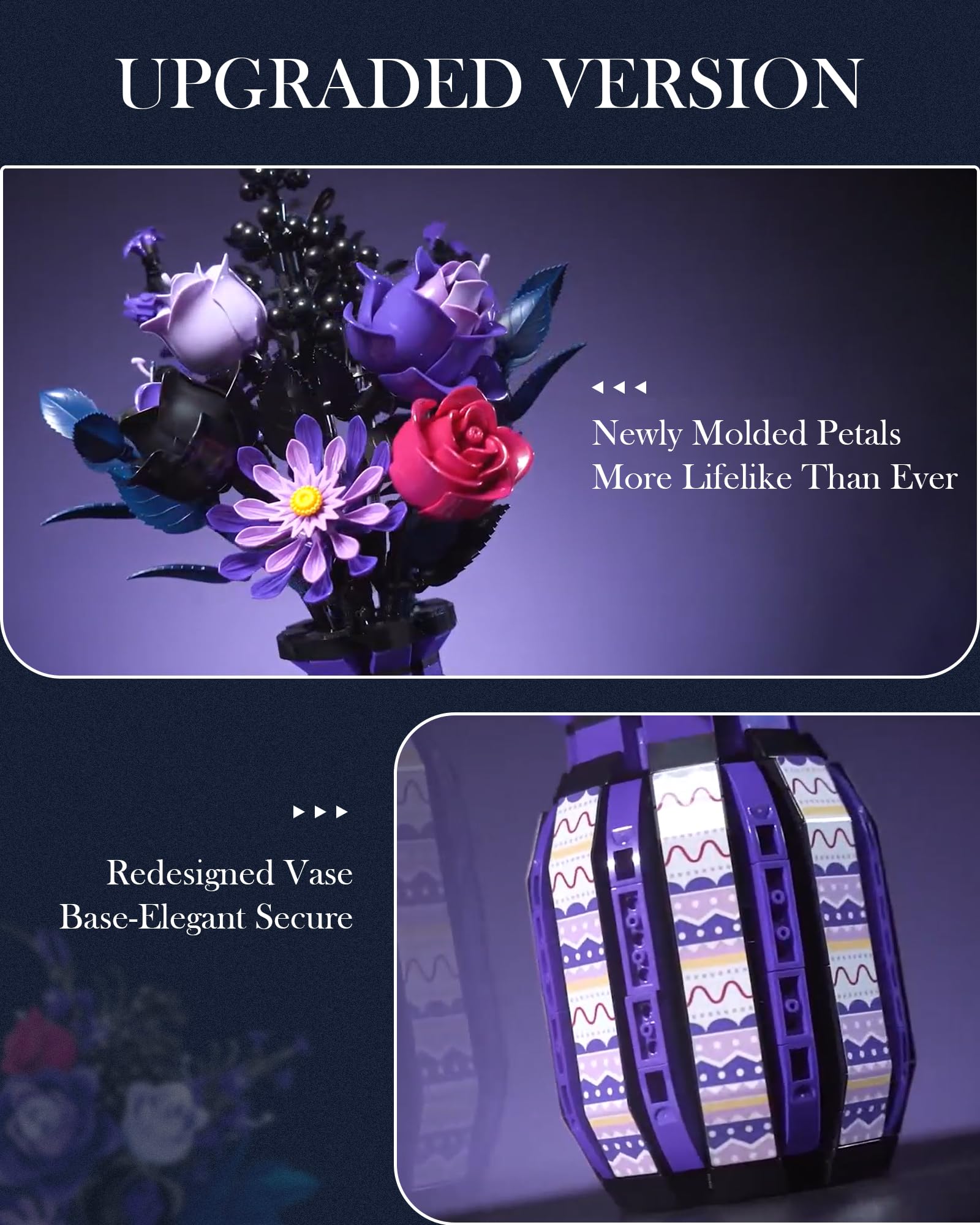 Mavo brix Ornate vase pattern completes the built display.