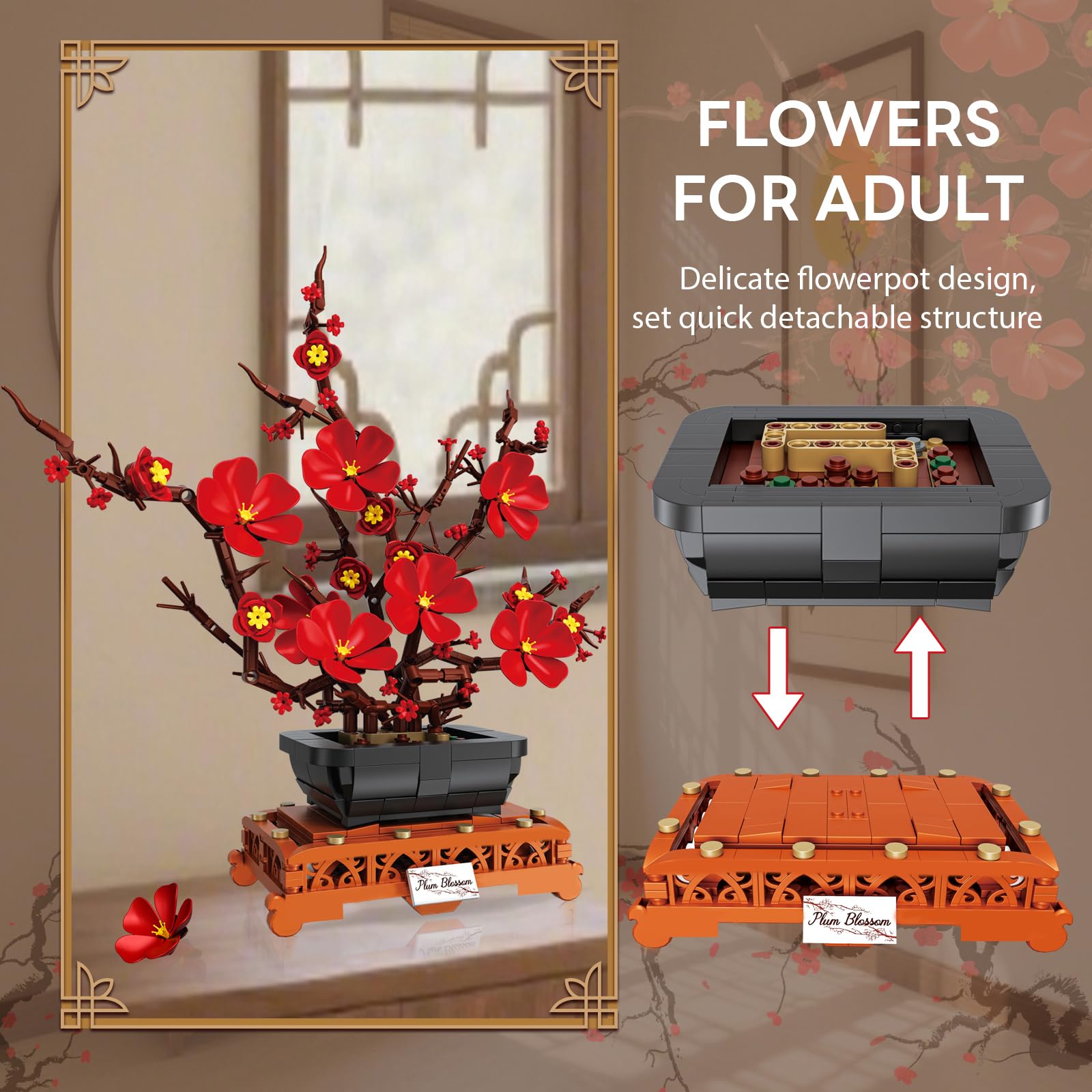 Mavo brix Plum Blossom Building Set interior decor enhances desks or shelves with whimsy.