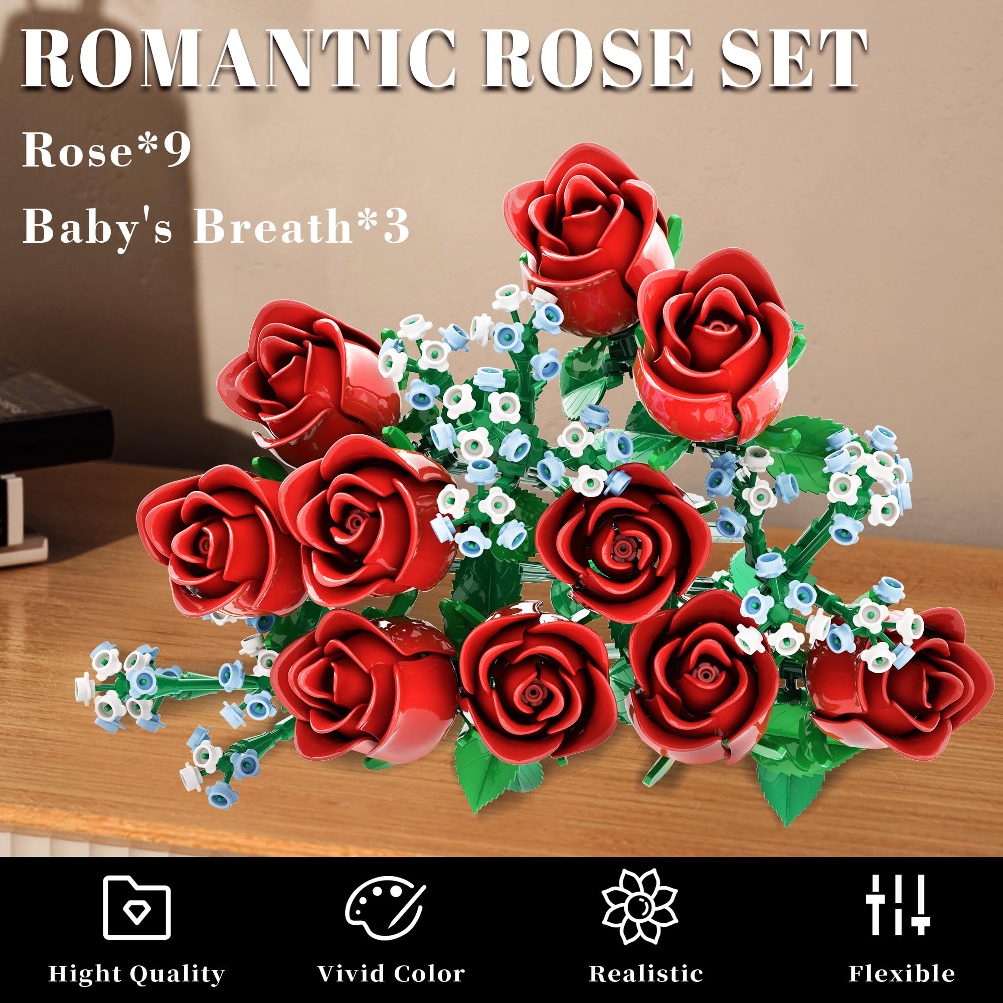 Mavo Brix roses bouquet building set highlights baby’s breath detail for delicate elegance